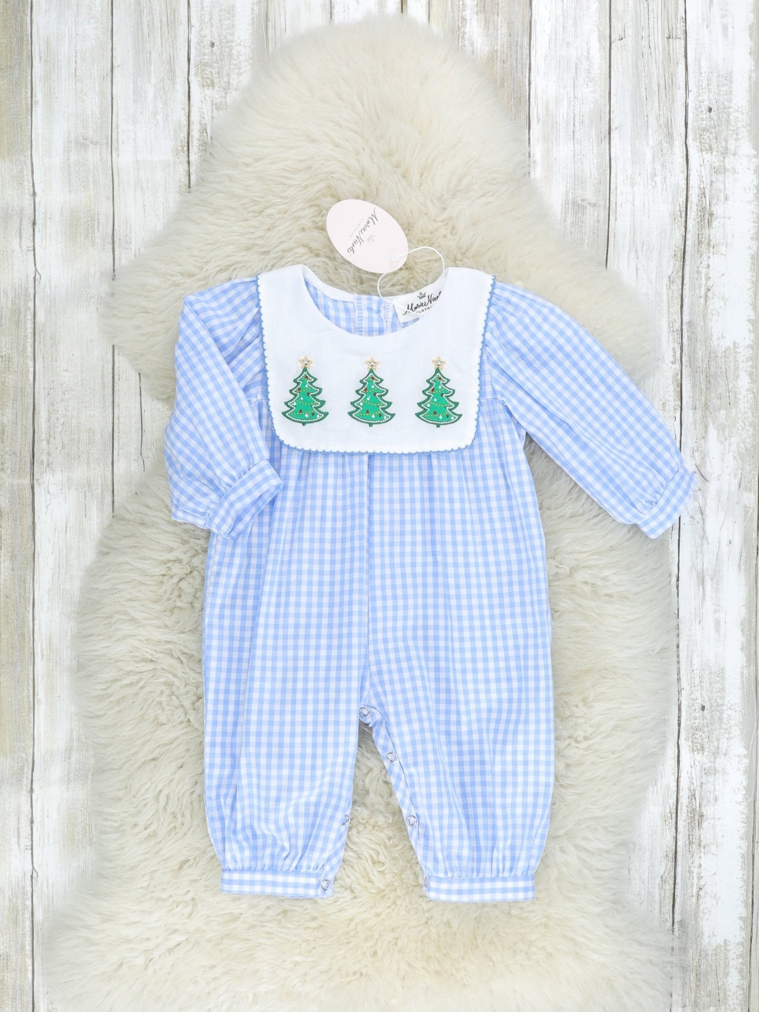 Blue Gingham Christmas Tree Bib Collar Romper - Marie Nicole Clothing