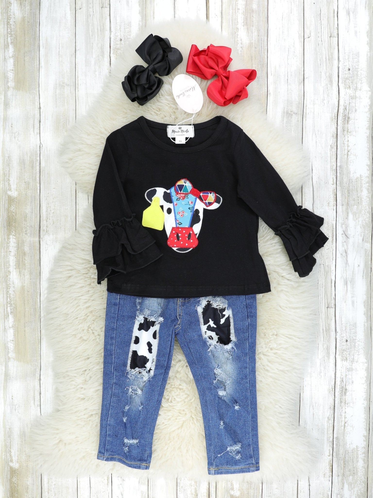 Fancy Cow Ruffle Denim Outfit - Marie Nicole Clothing