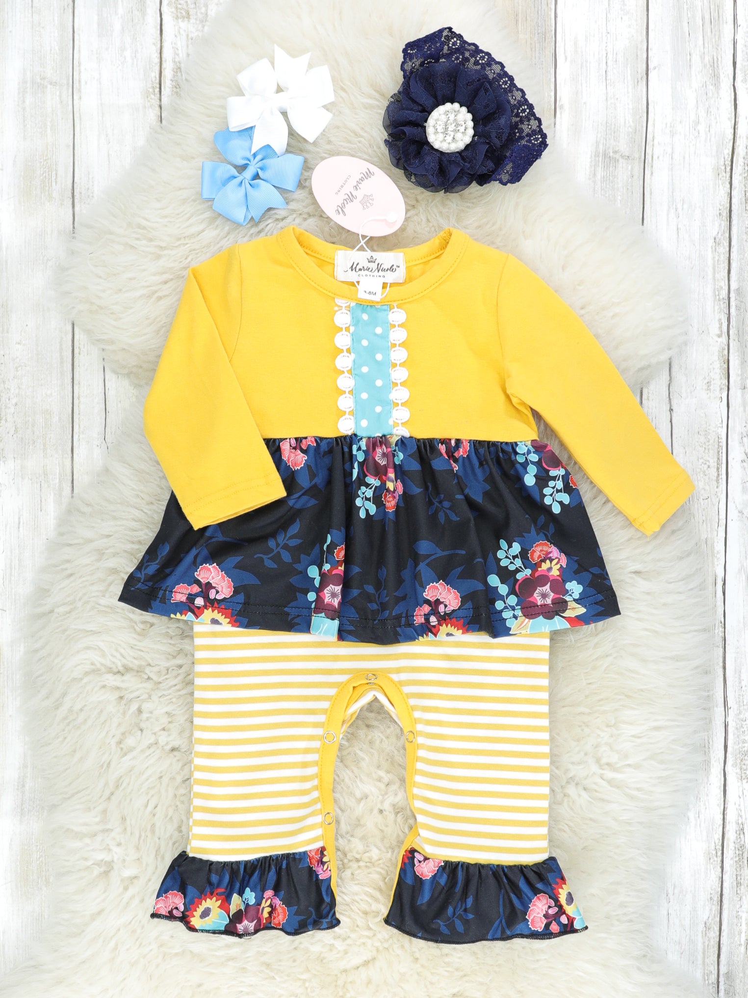 Yellow & Blue Floral Ruffle Romper - Marie Nicole Clothing