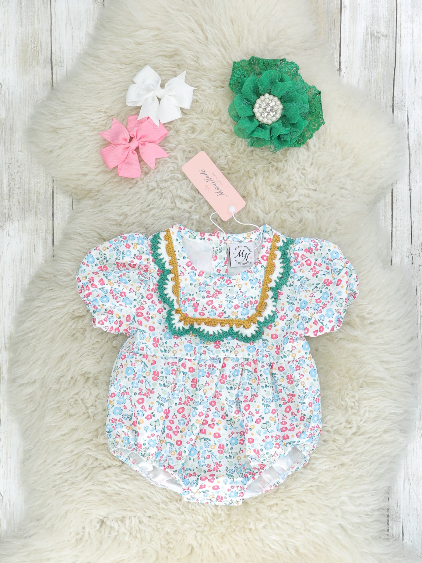 Blue Ditsy Floral Crochet Bubble Romper - Marie Nicole Clothing