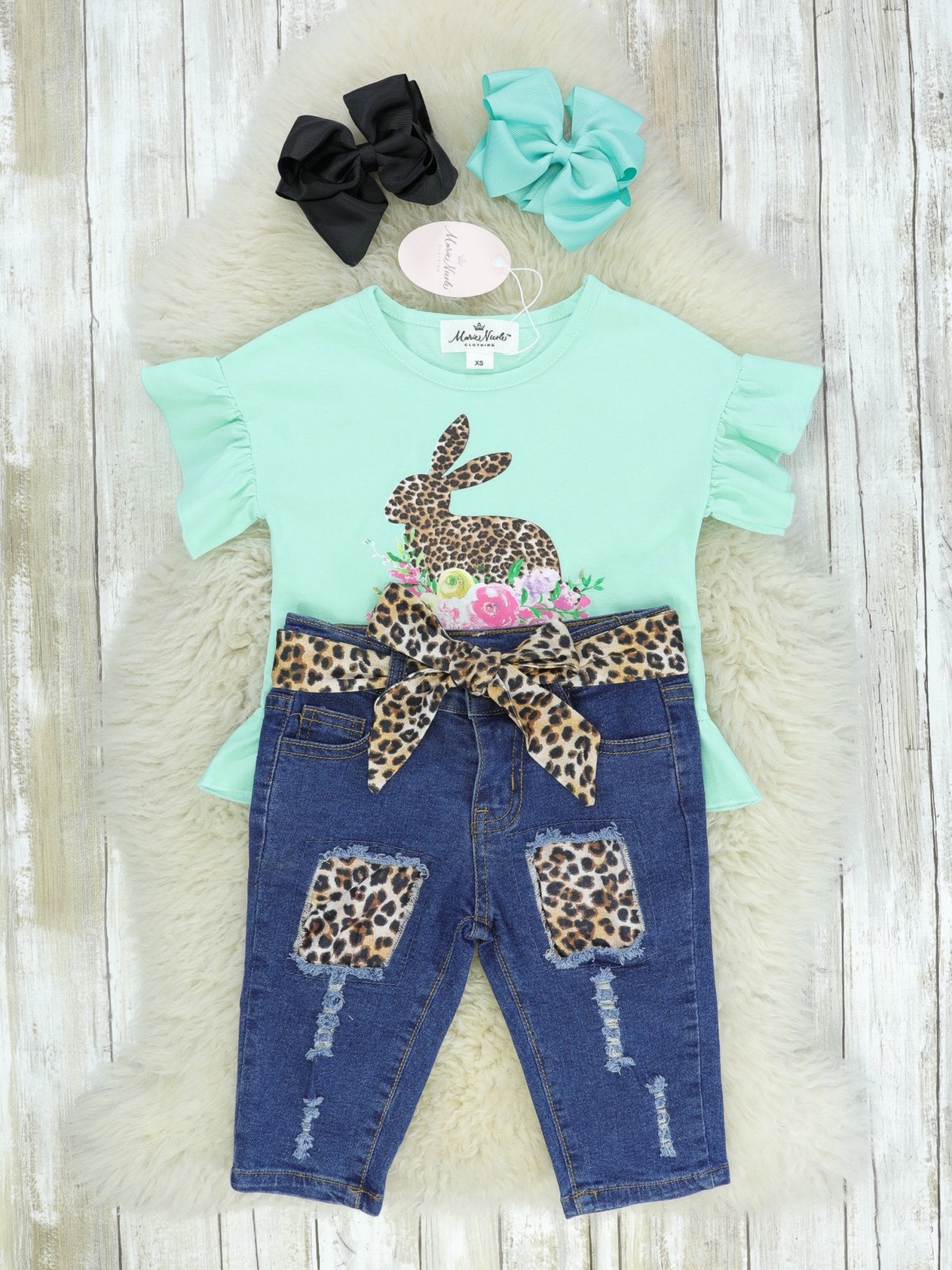 Mint Leopard Bunny Denim Outfit - Marie Nicole Clothing