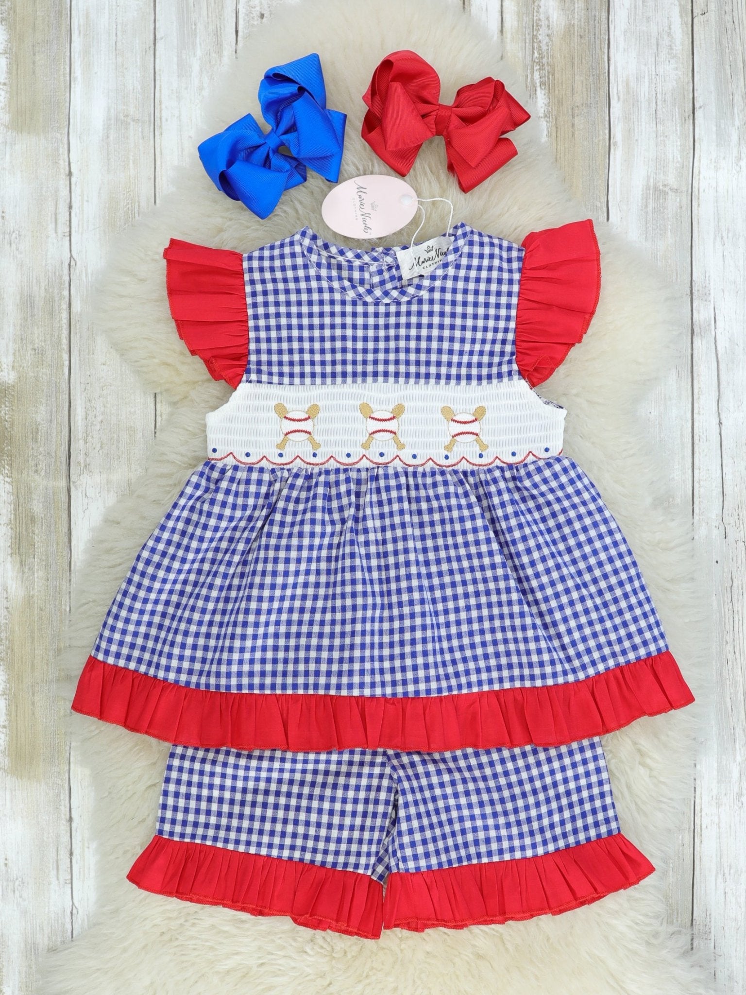 Baseball Blue Check Ruffle Smocked Outfit - Marie Nicole Clothing