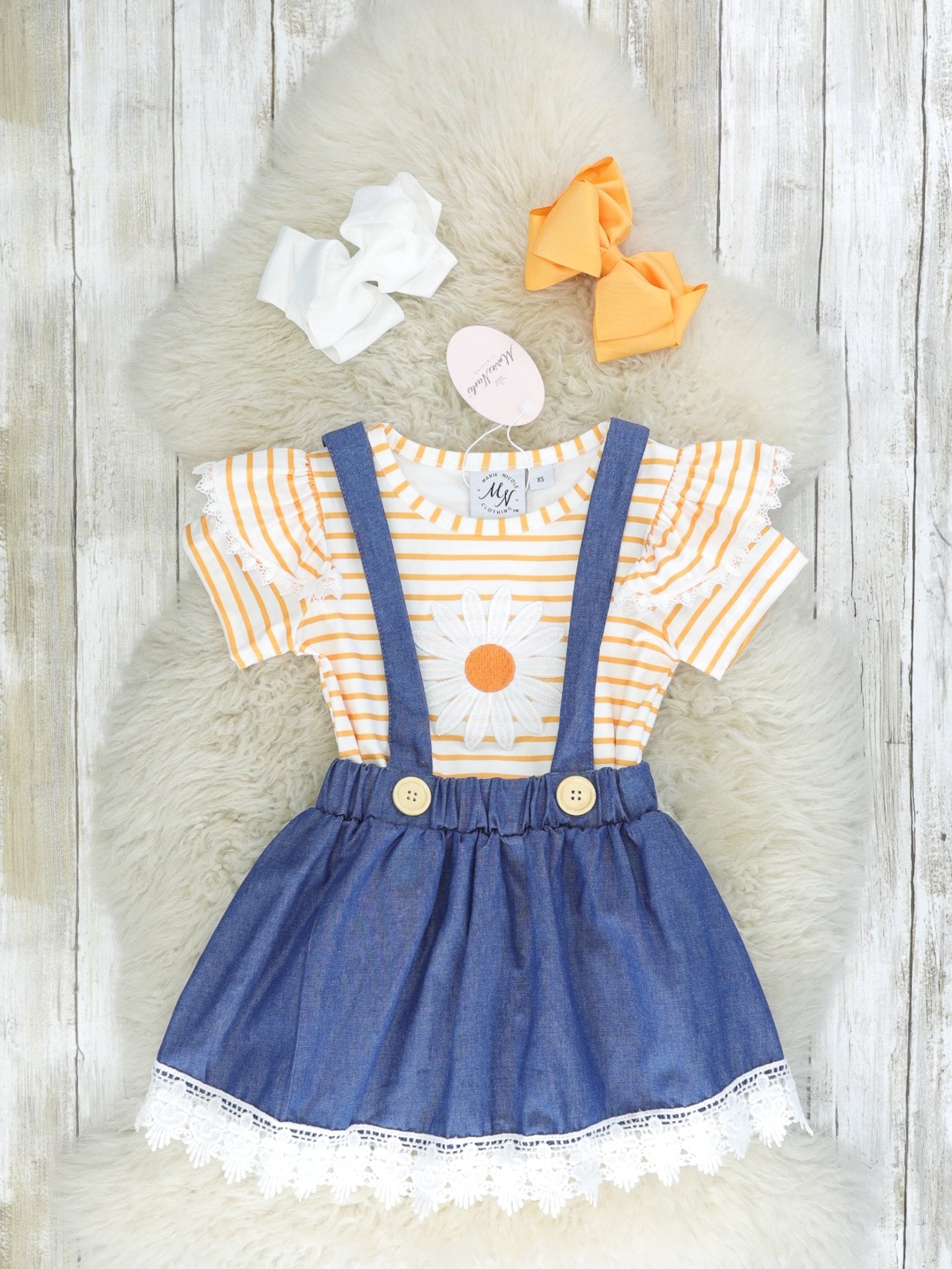 Yellow Striped Daisy Top & Chambray Suspender Skirt Set - Marie Nicole Clothing