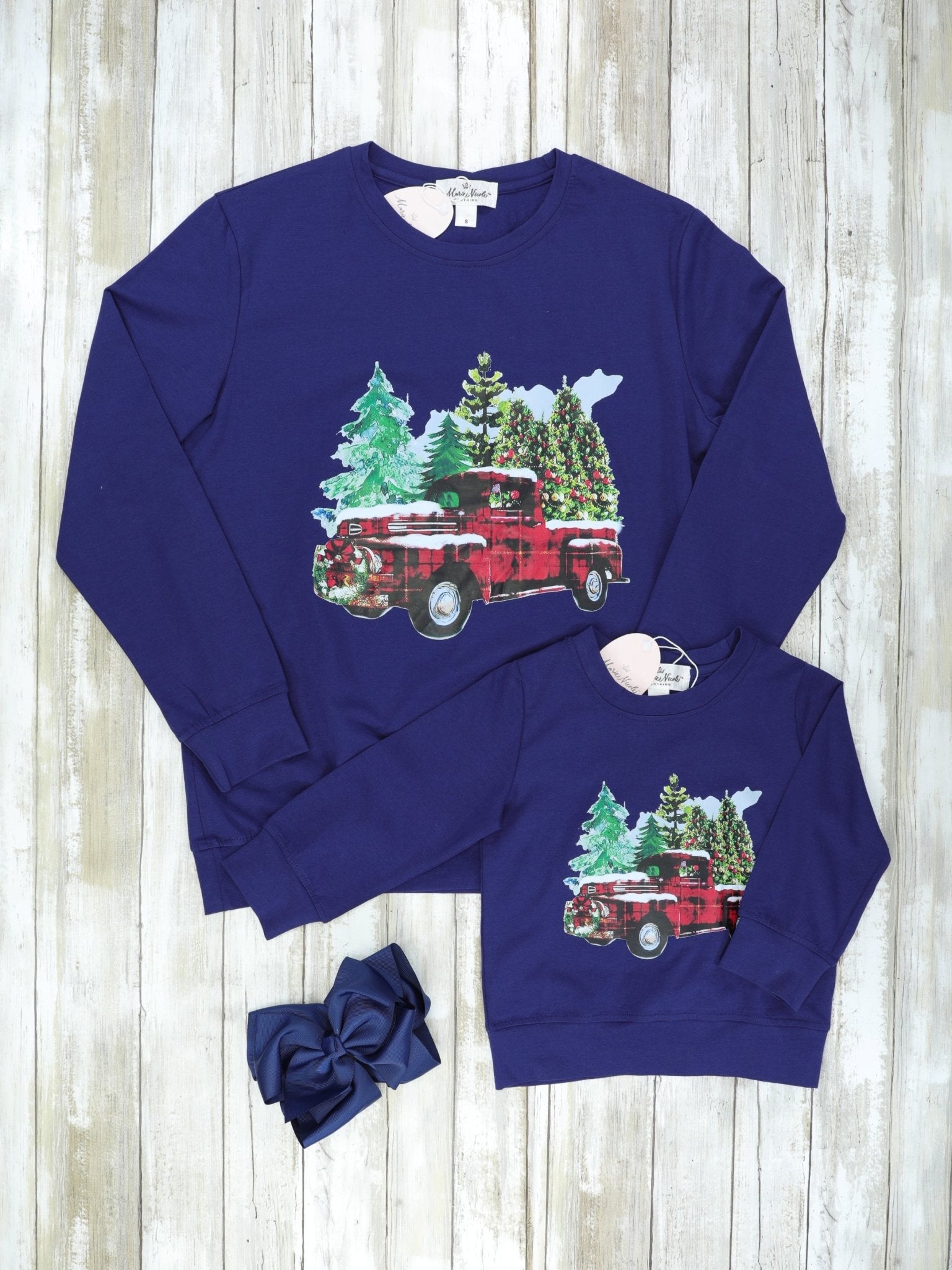 Mom & Me Navy Christmas Tree Truck Crewneck - Marie Nicole Clothing