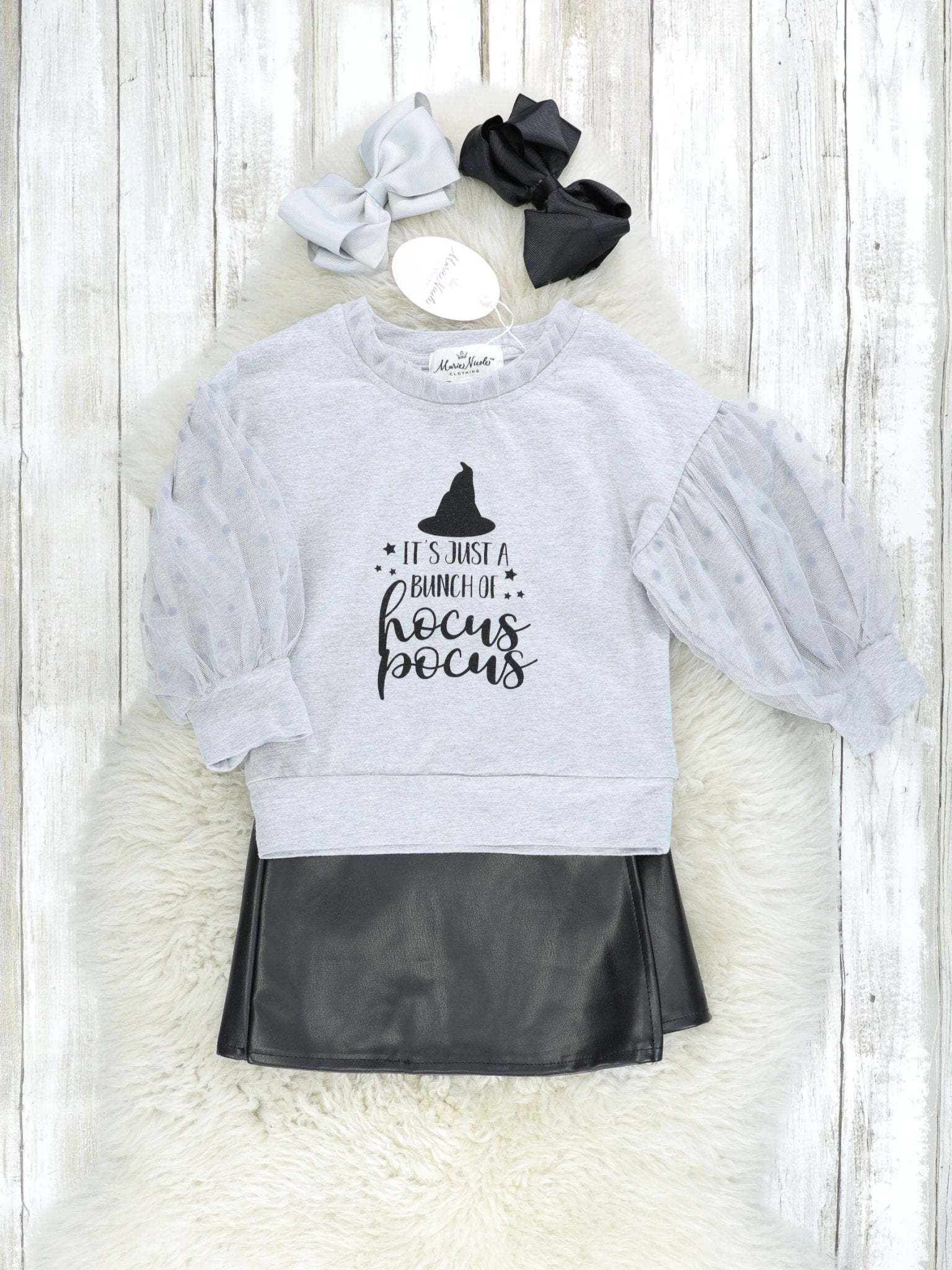 "Just A Bunch Hocus Pocus" Swiss Dot Top & Leather Skirt Set - Marie Nicole Clothing