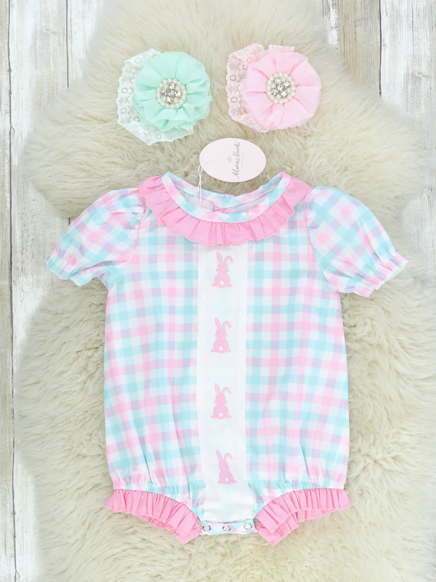 Pinky Check Bunny Ruffle Bubble Romper - Marie Nicole Clothing