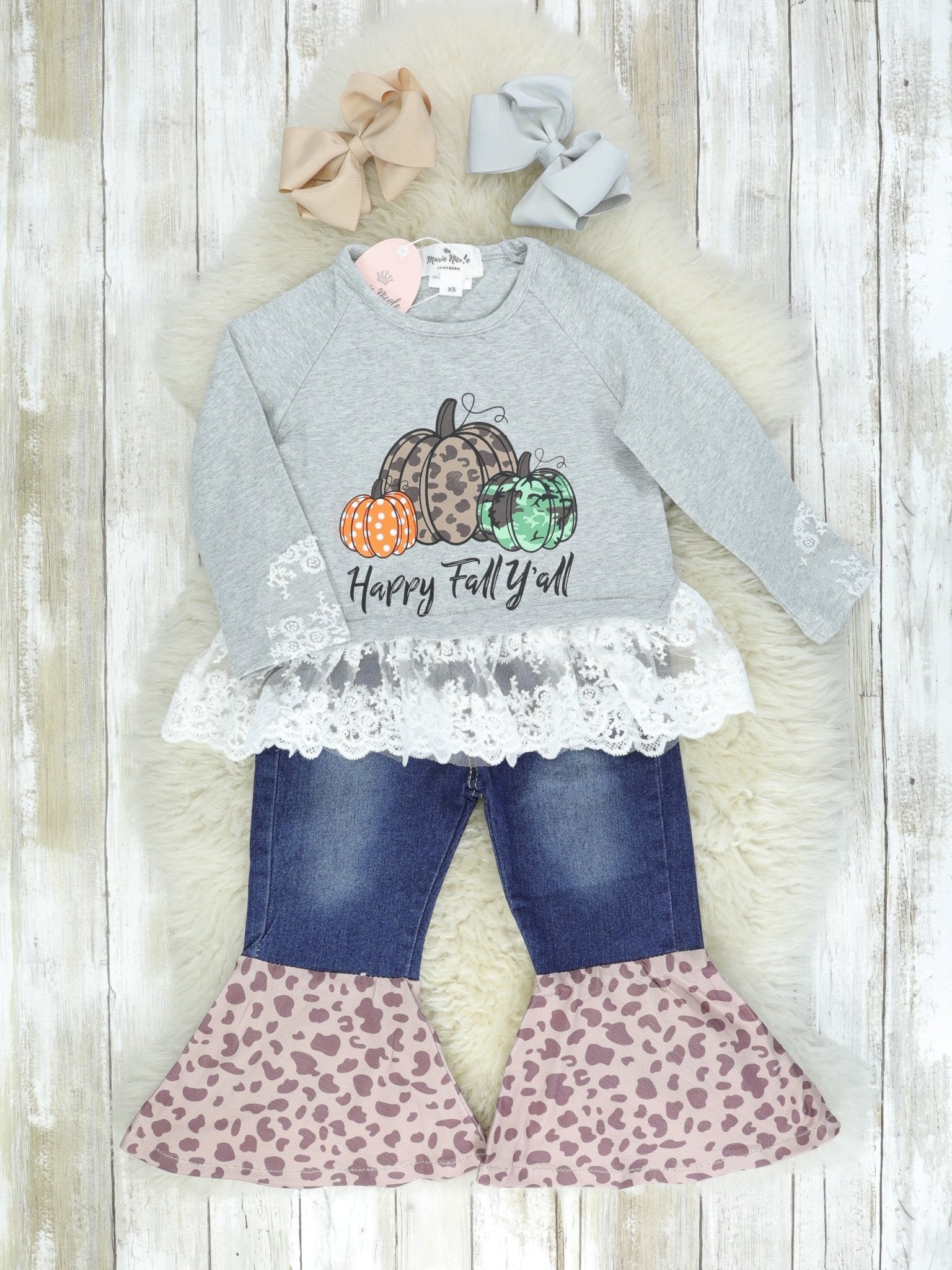 Gray Leopard Lace Pumpkin Denim Bell Bottoms Outfit - Marie Nicole Clothing