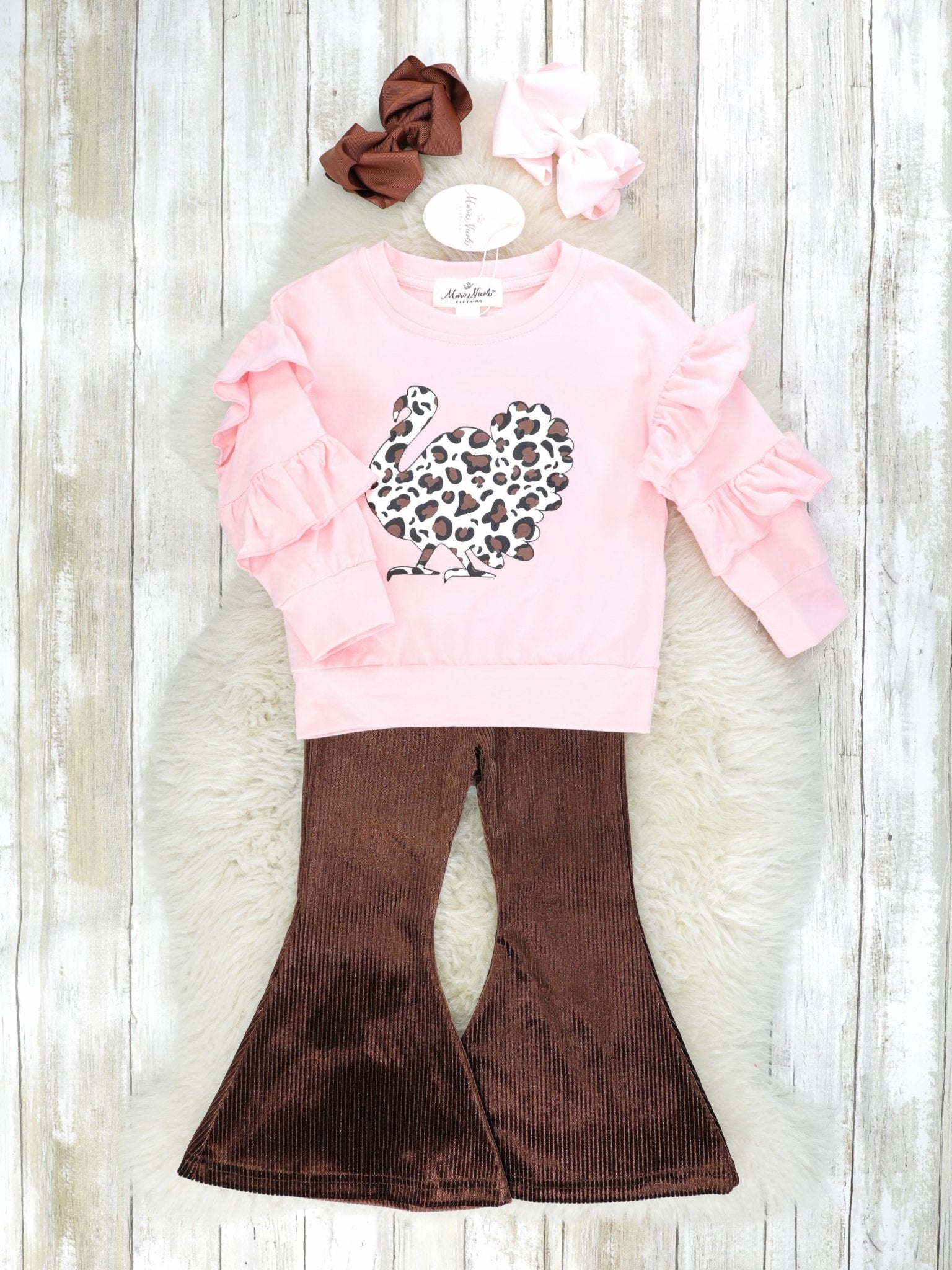 Pink Cow Print Turkey Ruffle Top & Bell Bottoms - Marie Nicole Clothing