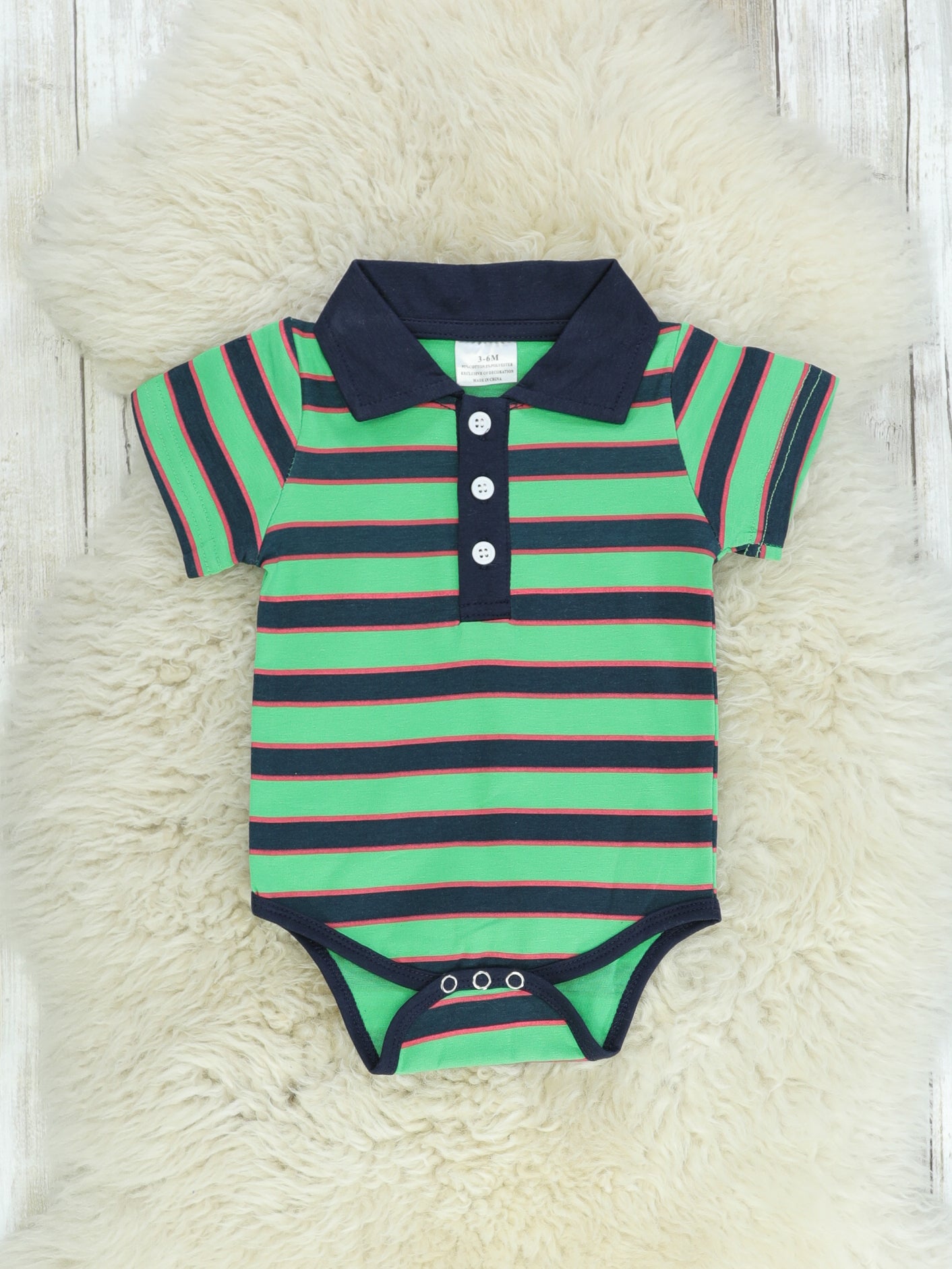 Green & Black Striped Polo Romper - Marie Nicole Clothing