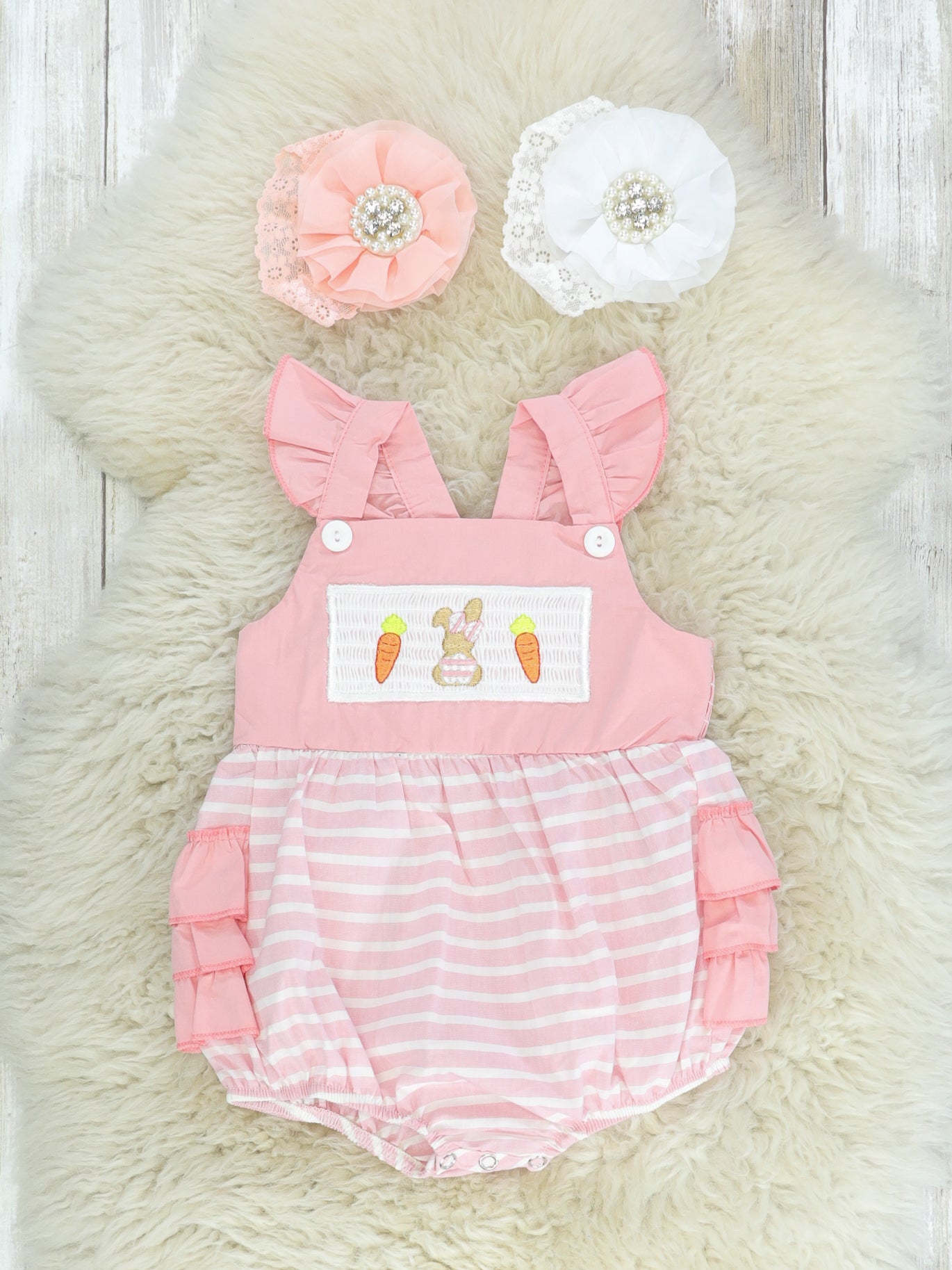 Smocked Carrot & Bunny Ruffle Bubble Romper - Marie Nicole Clothing