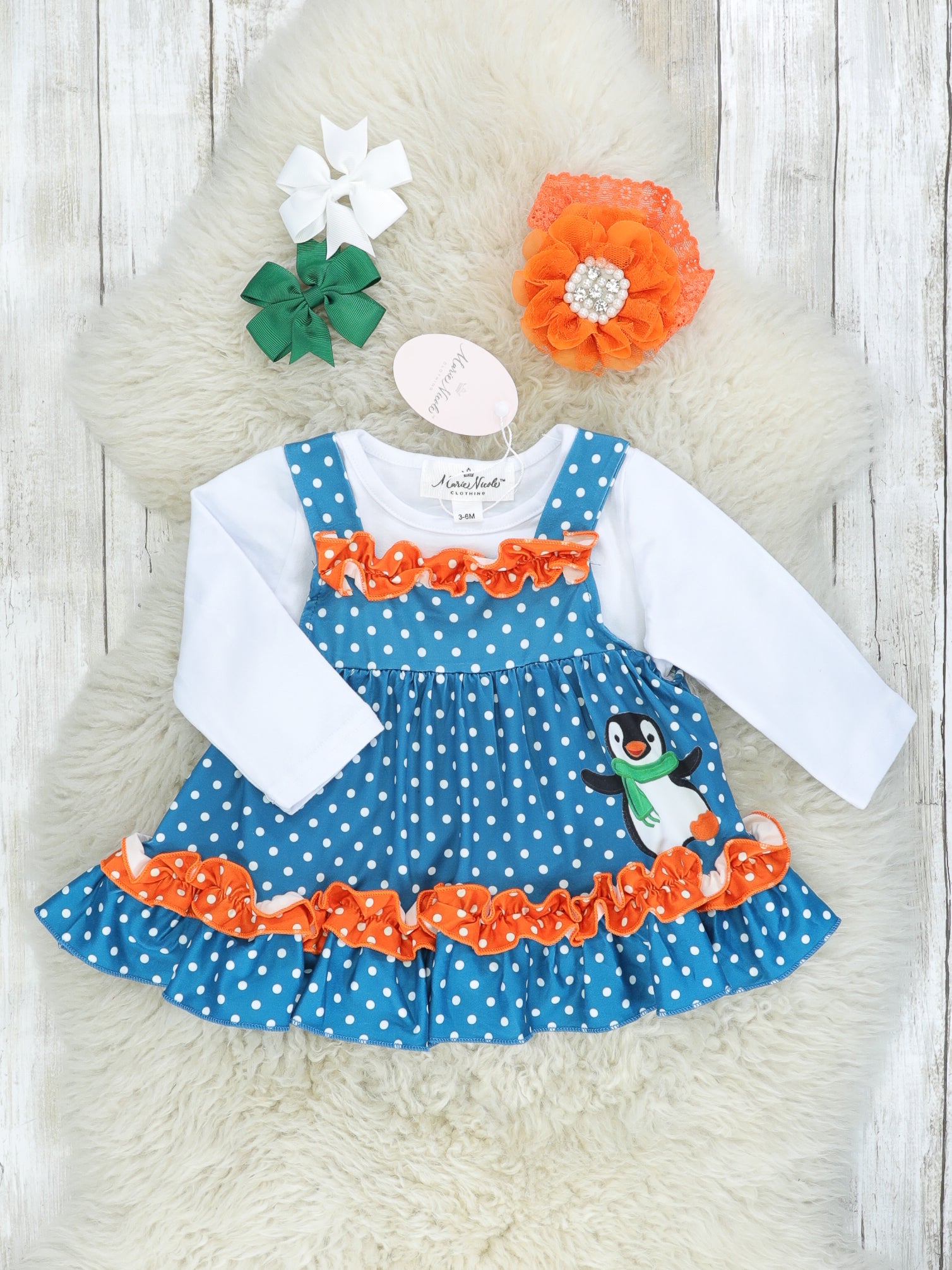 Blue Polka Dot Penguin Romper W/ White Shirt - Marie Nicole Clothing
