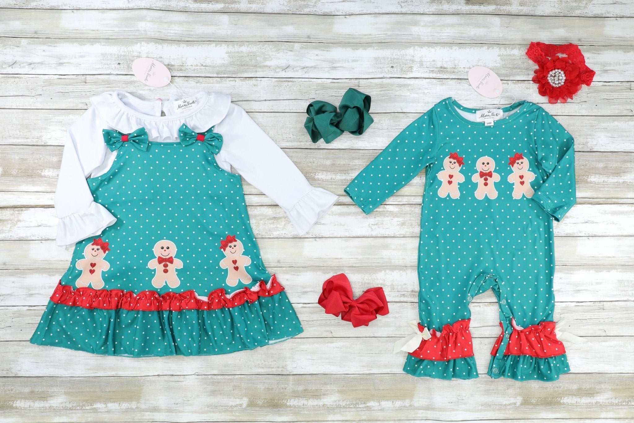 Teal Polka Dot Gingerbread Ruffle Romper - Marie Nicole Clothing