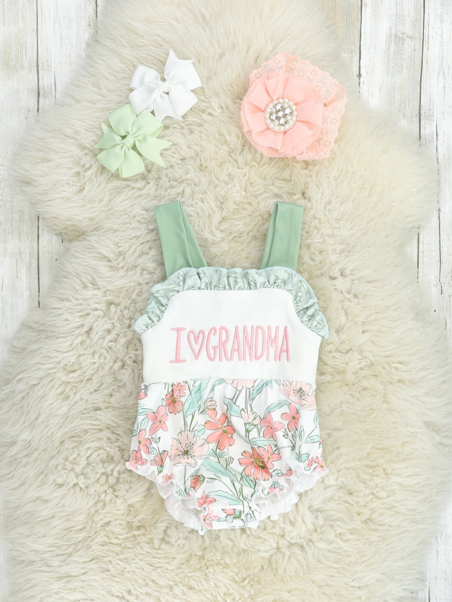 "I Love Grandma" Floral Bubble Romper - Marie Nicole Clothing