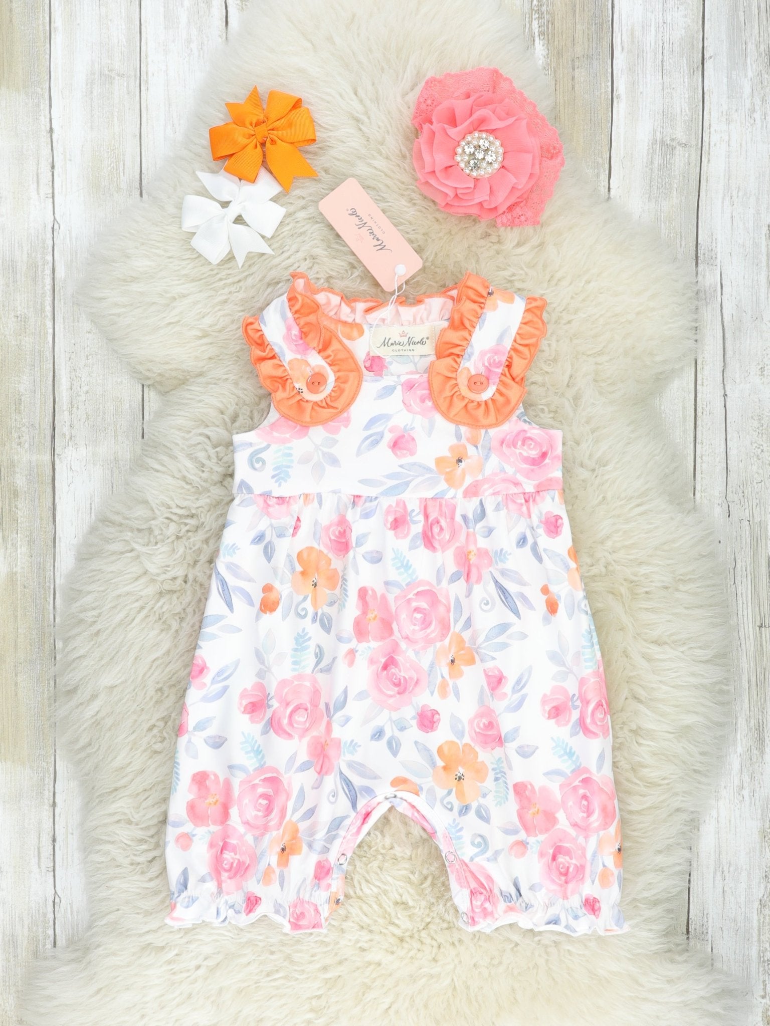 Pink & Orange Rose Ruffle Romper - Marie Nicole Clothing