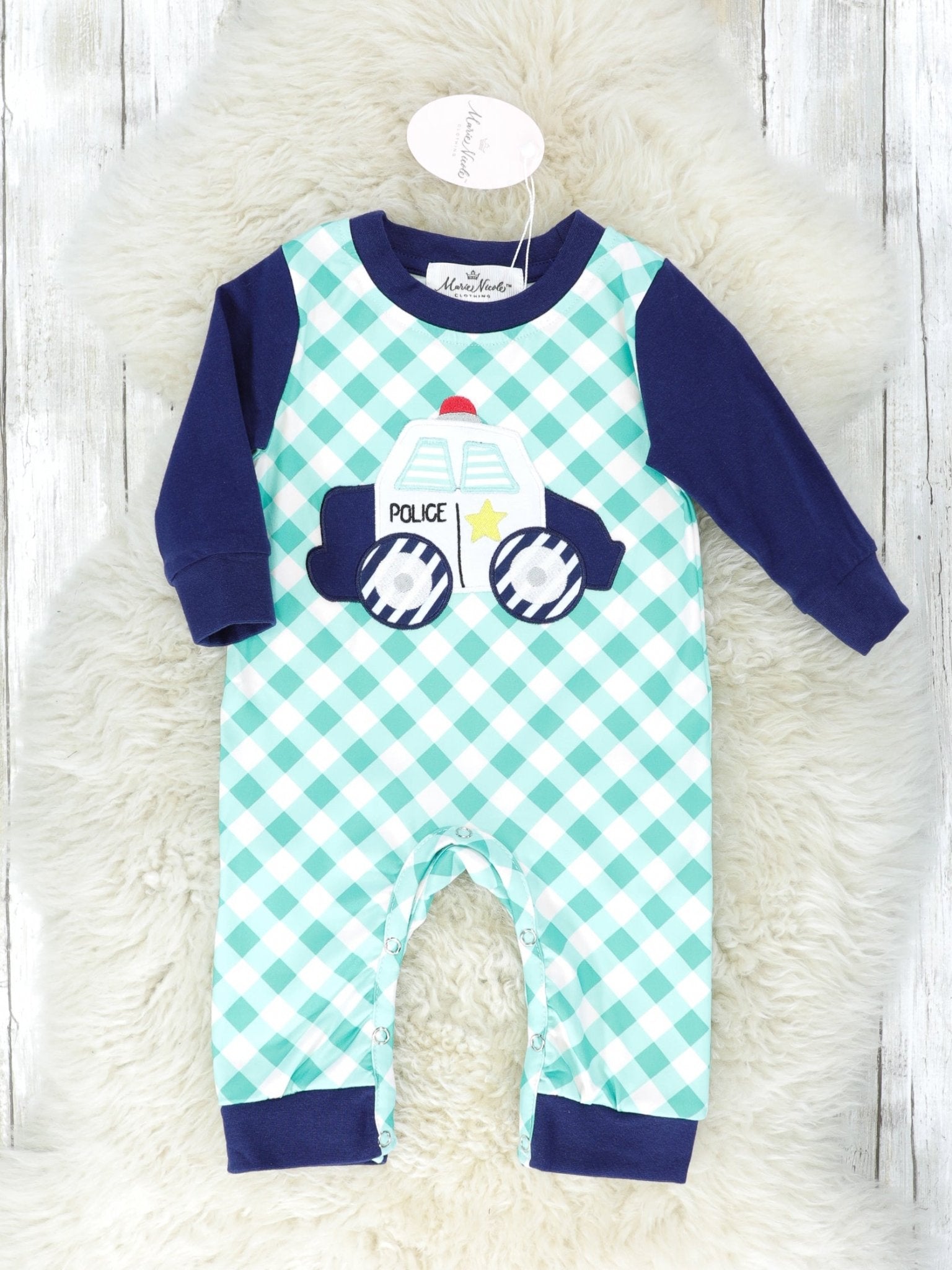 Green Gingham & Navy Police Car Romper - Marie Nicole Clothing
