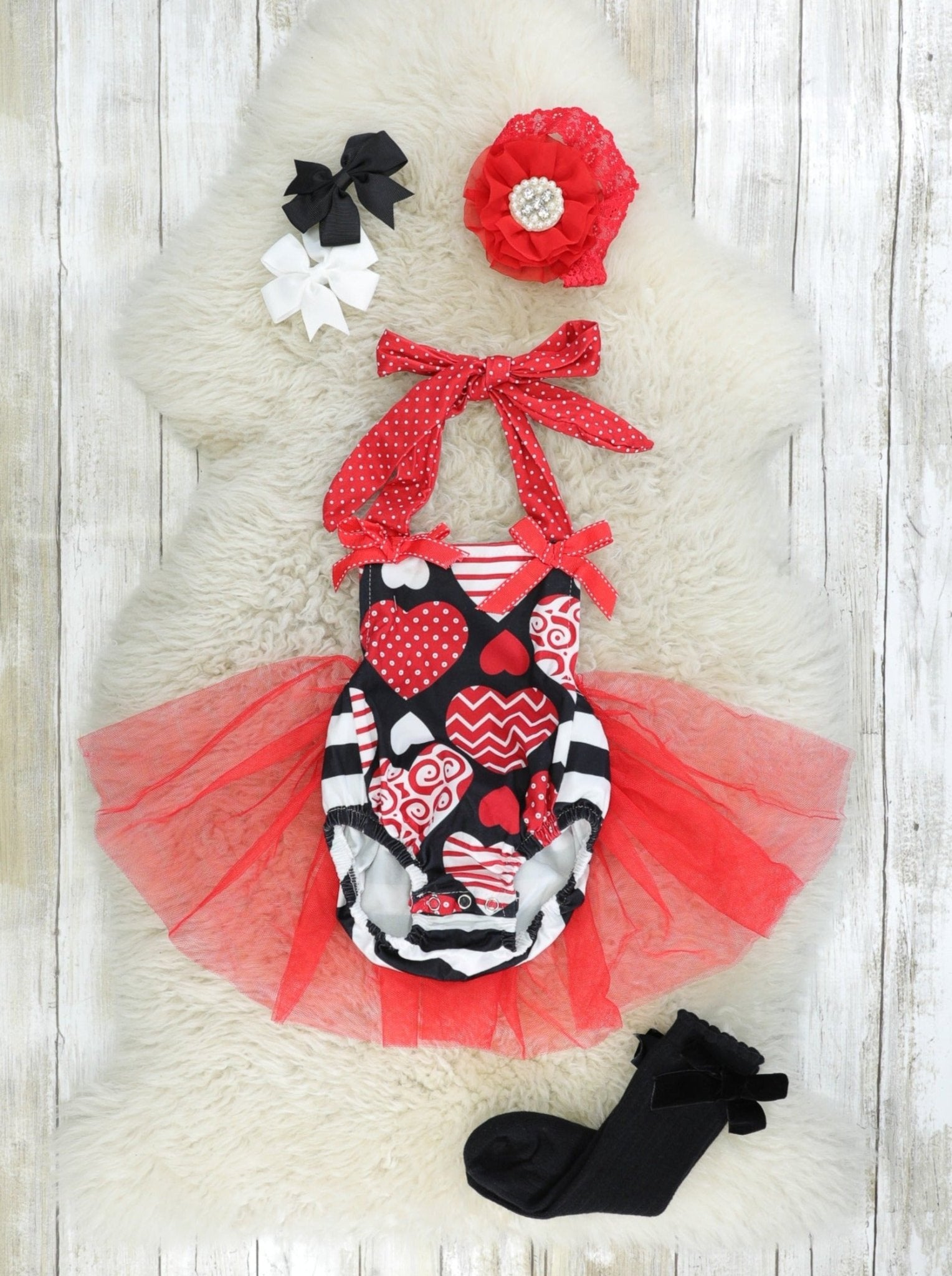 Heart Extravaganza Tulle Tie Bubble Romper - Marie Nicole Clothing