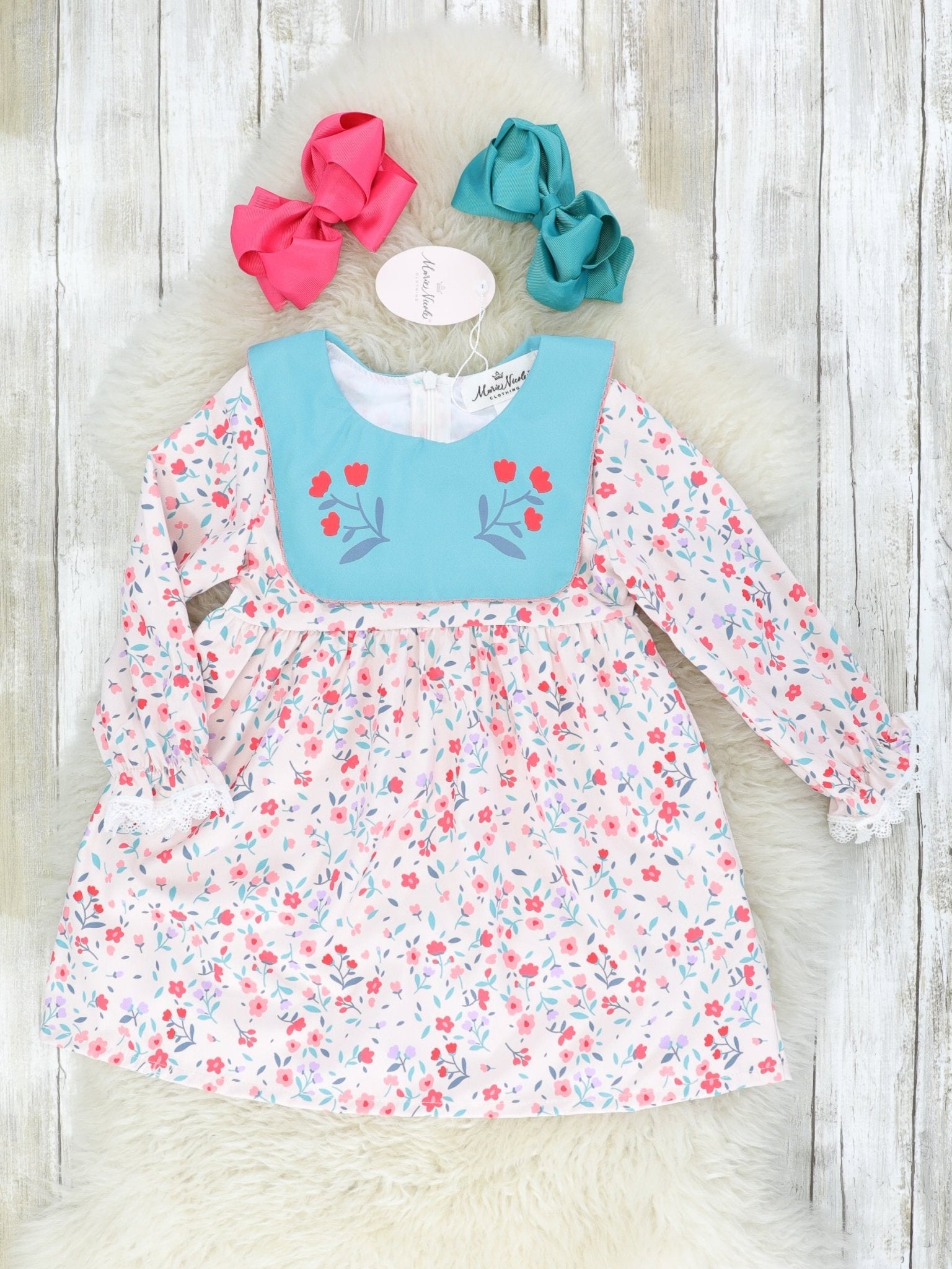 Blue & Red Floral Bib Collar Dress - Marie Nicole Clothing