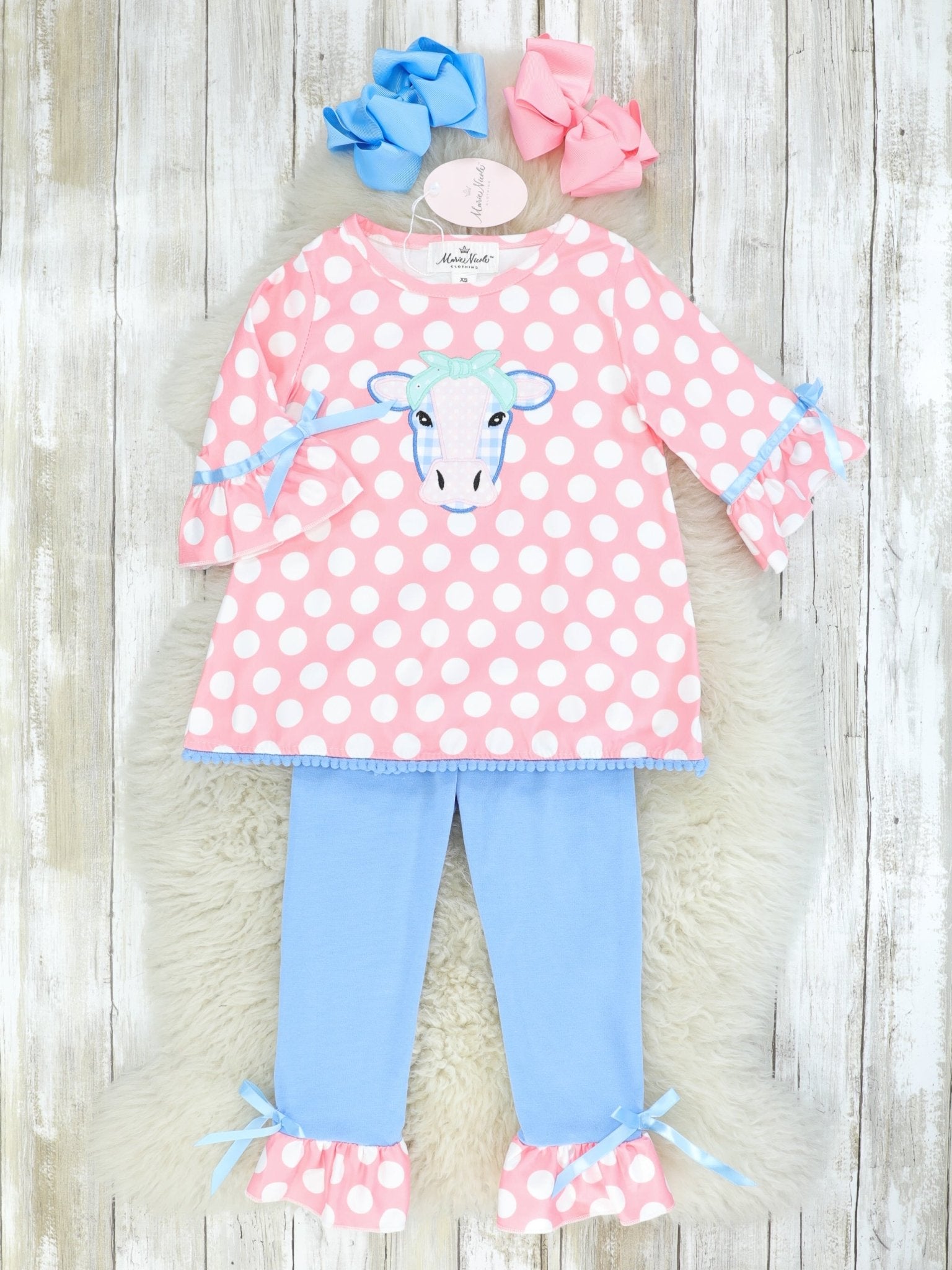 Pink Polka Dot Cow Ruffle Outfit - Marie Nicole Clothing
