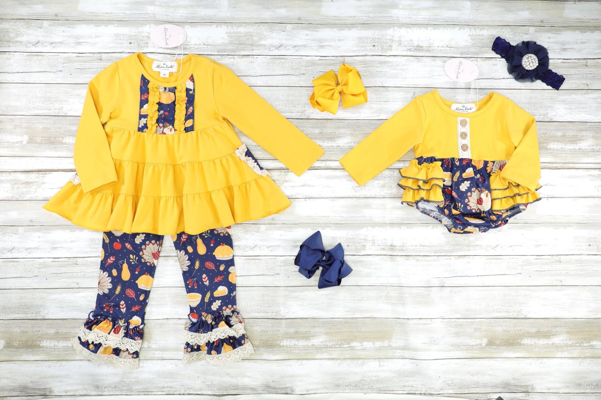 Mustard Navy Turkey Ruffle Romper - Marie Nicole Clothing