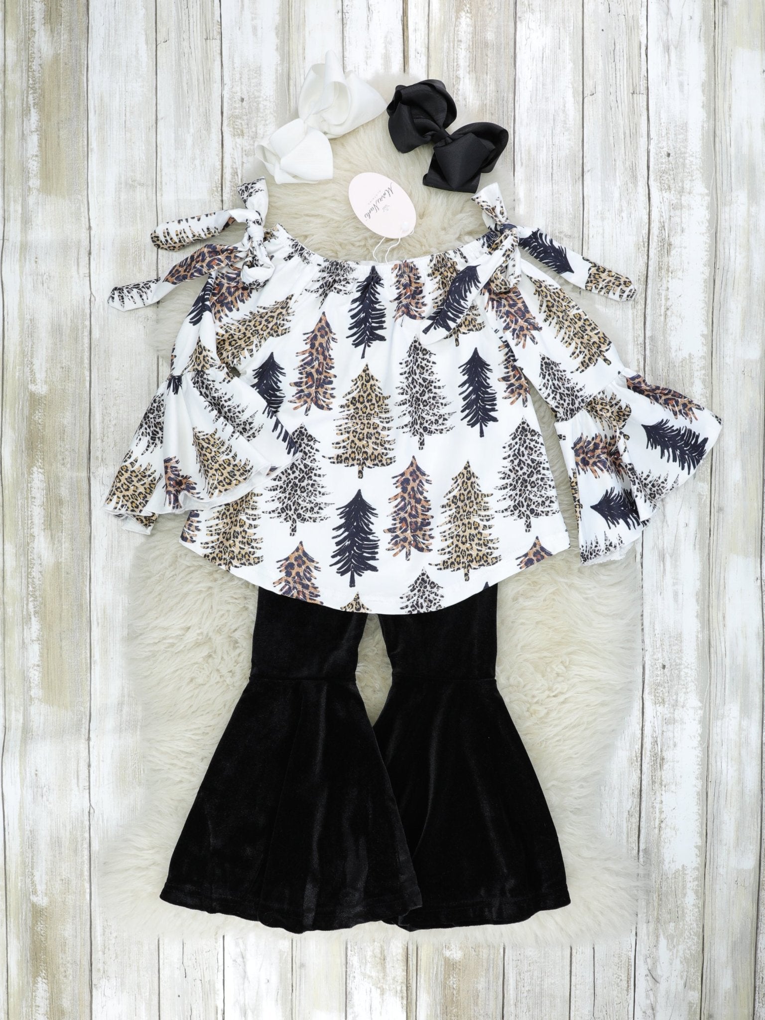 Leopard Christmas Tree Bell Sleeve Outfit - Marie Nicole Clothing