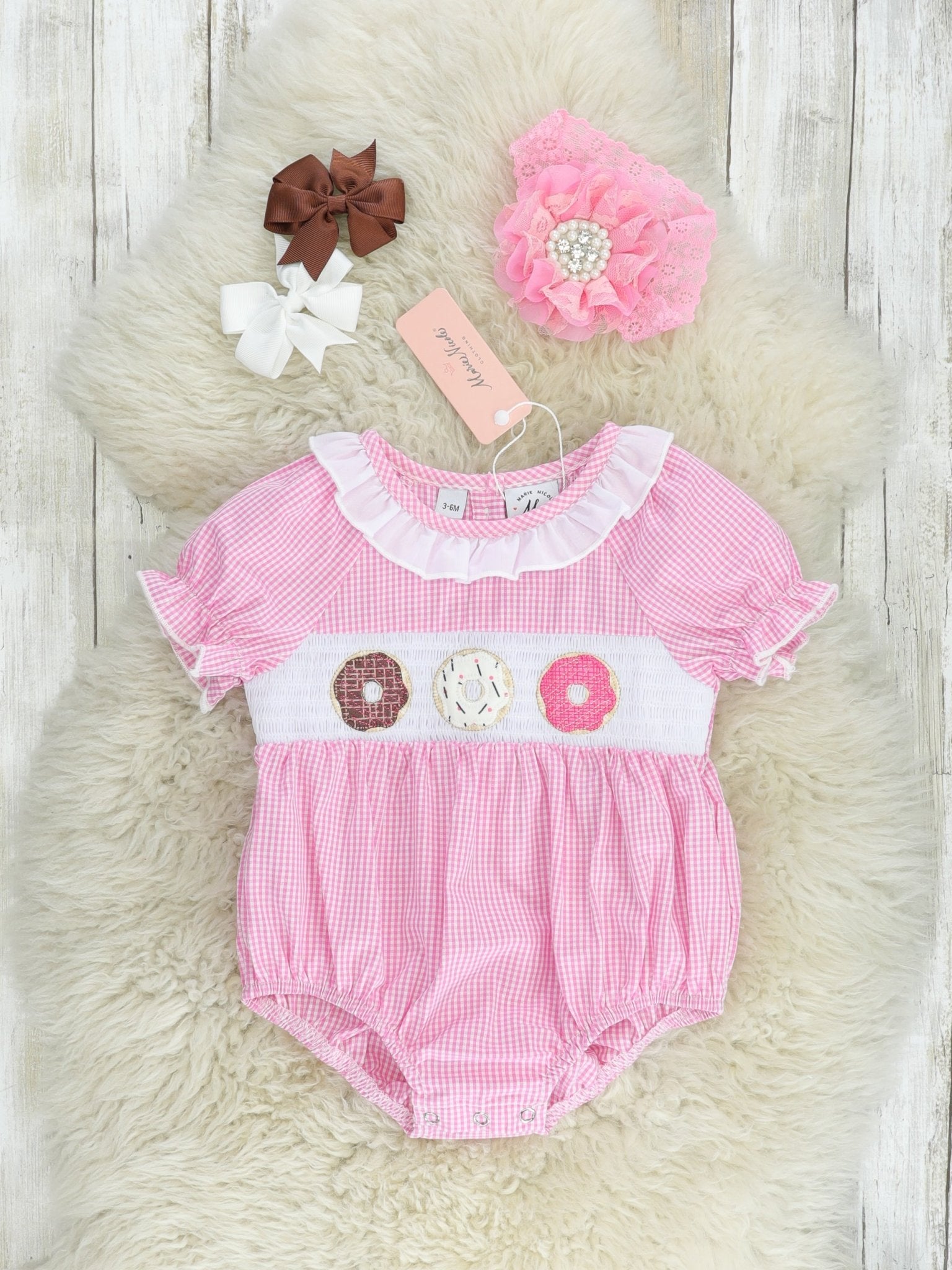 Pink Smocked Donut Ruffle Bubble Romper - Marie Nicole Clothing