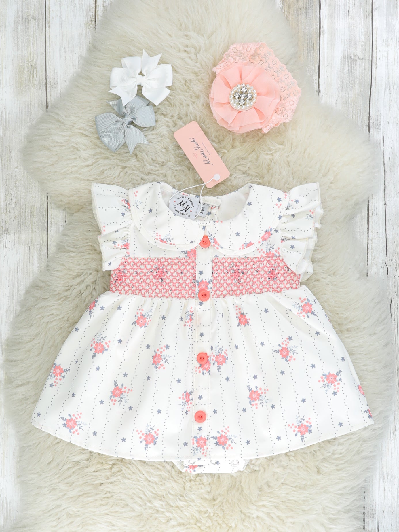 Punch Pink Smocked Floral Vintage Ruffle Romper - Marie Nicole Clothing