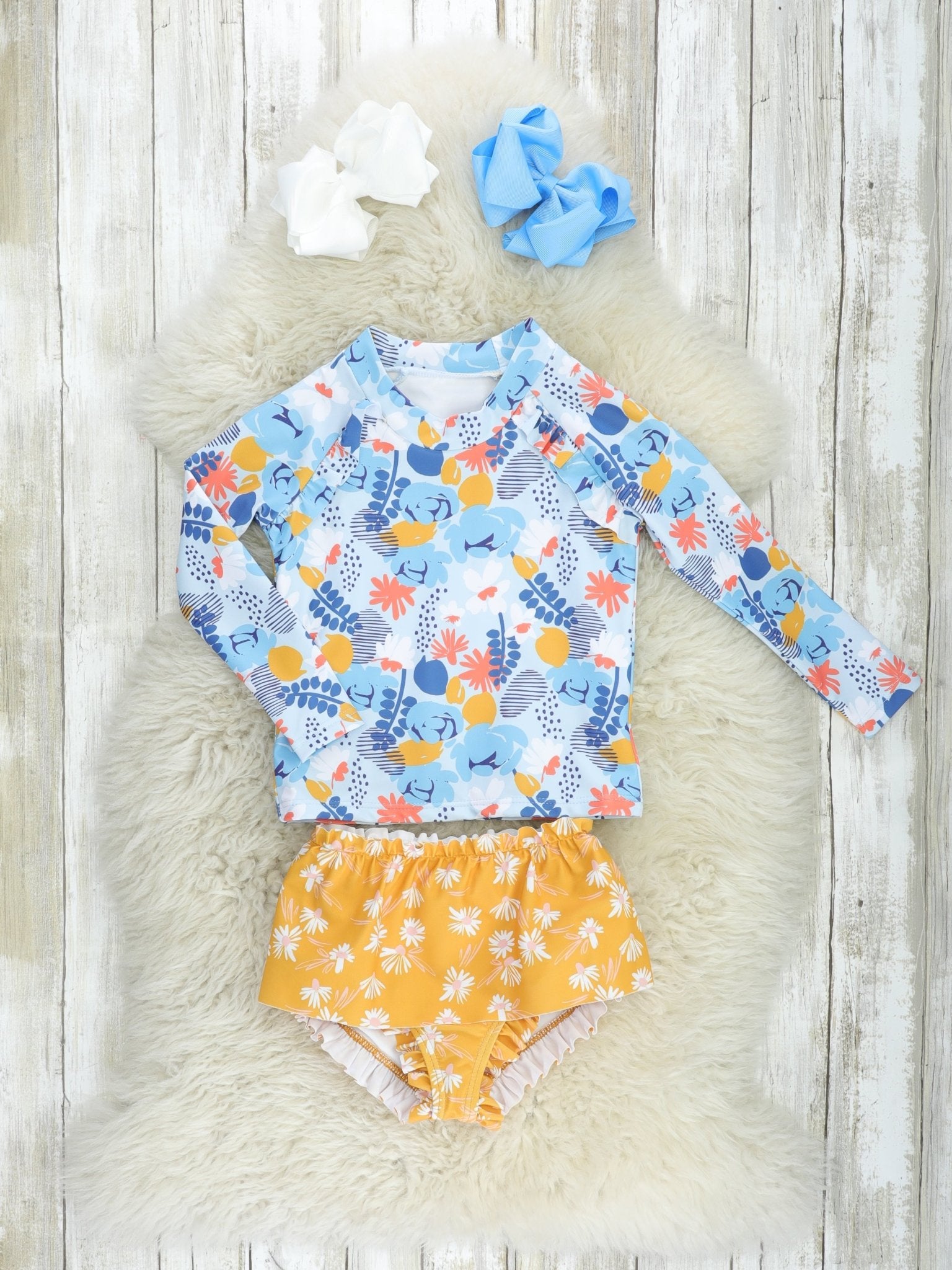 Floral Rash Guard & Mustard Ruffle Bottoms Swim Set - Marie Nicole Clothing