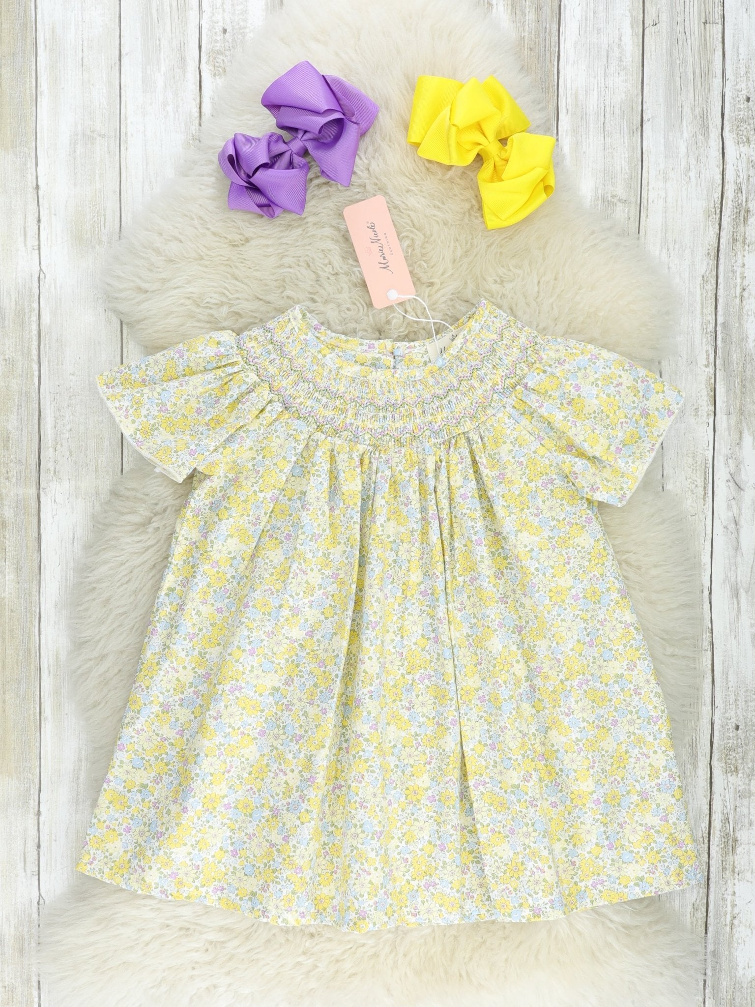Yellow Floral Smocked Dress - Marie Nicole Clothing