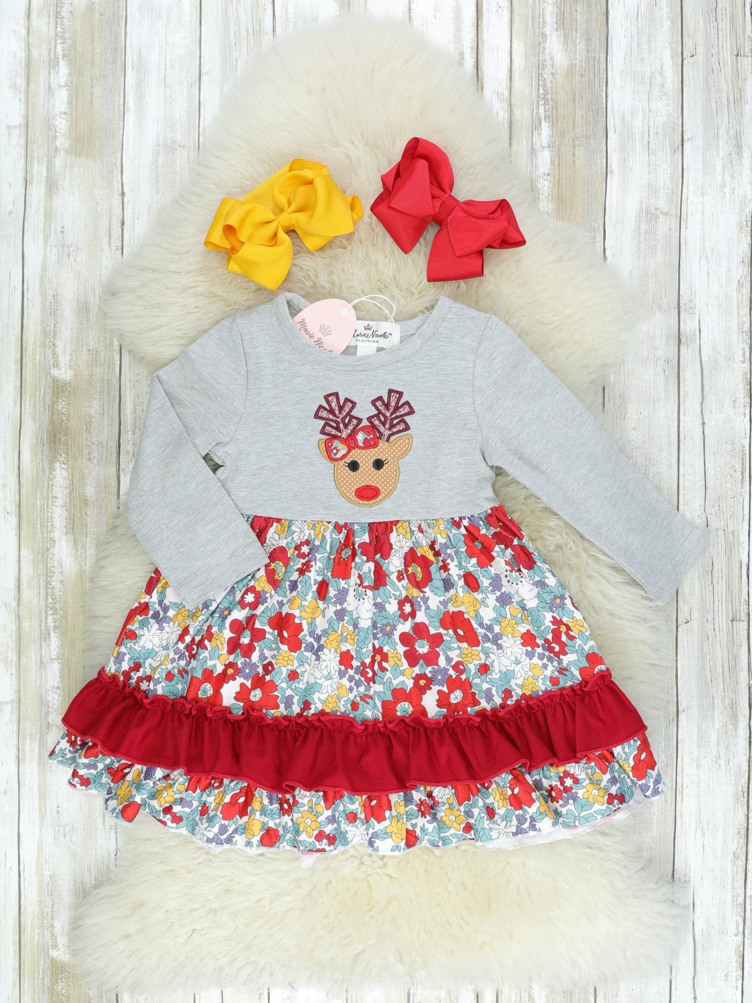 Floral Reindeer Ruffle Dress - Marie Nicole Clothing