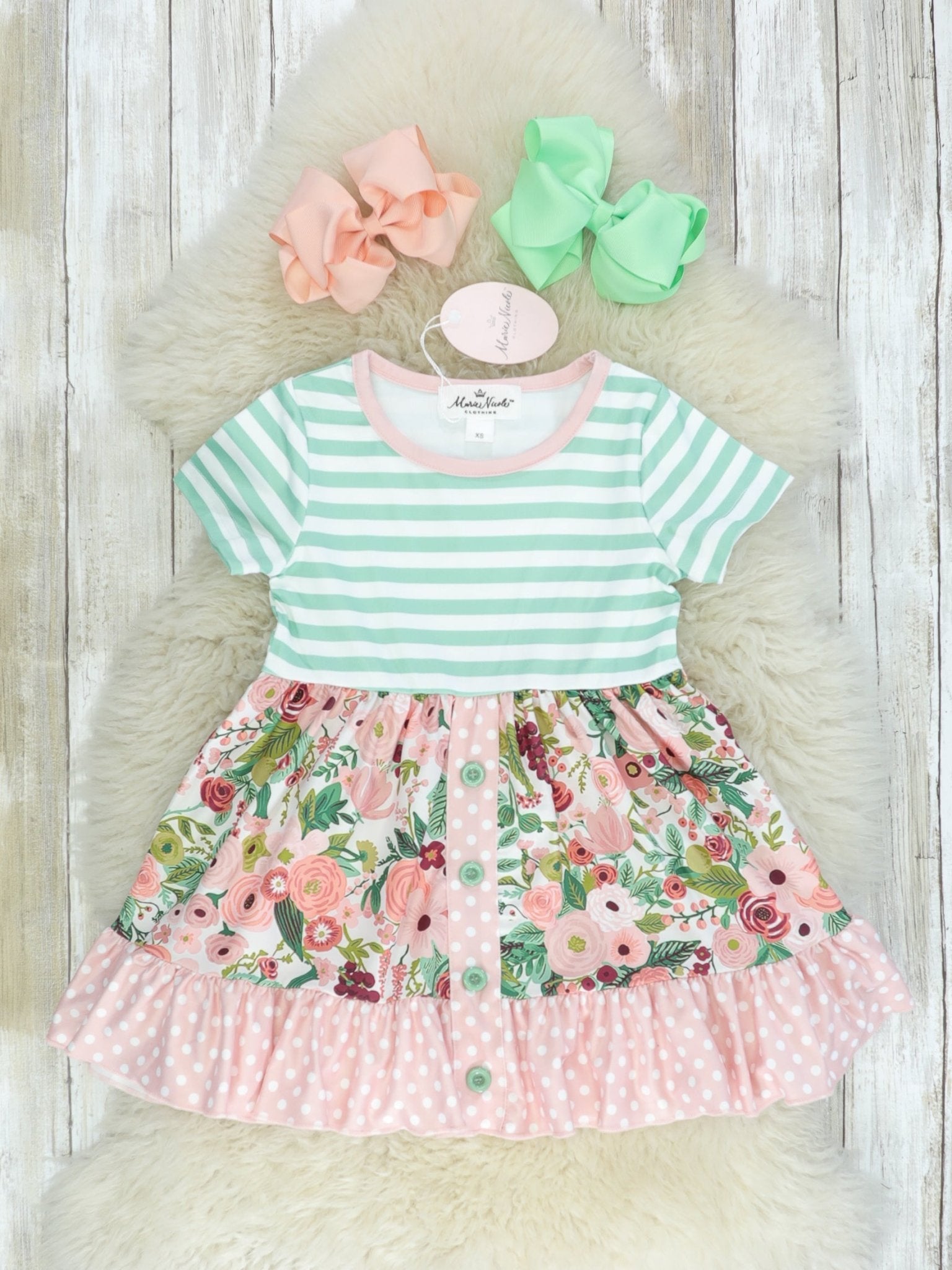 Light Green Striped Floral Ruffle Dress - Marie Nicole Clothing