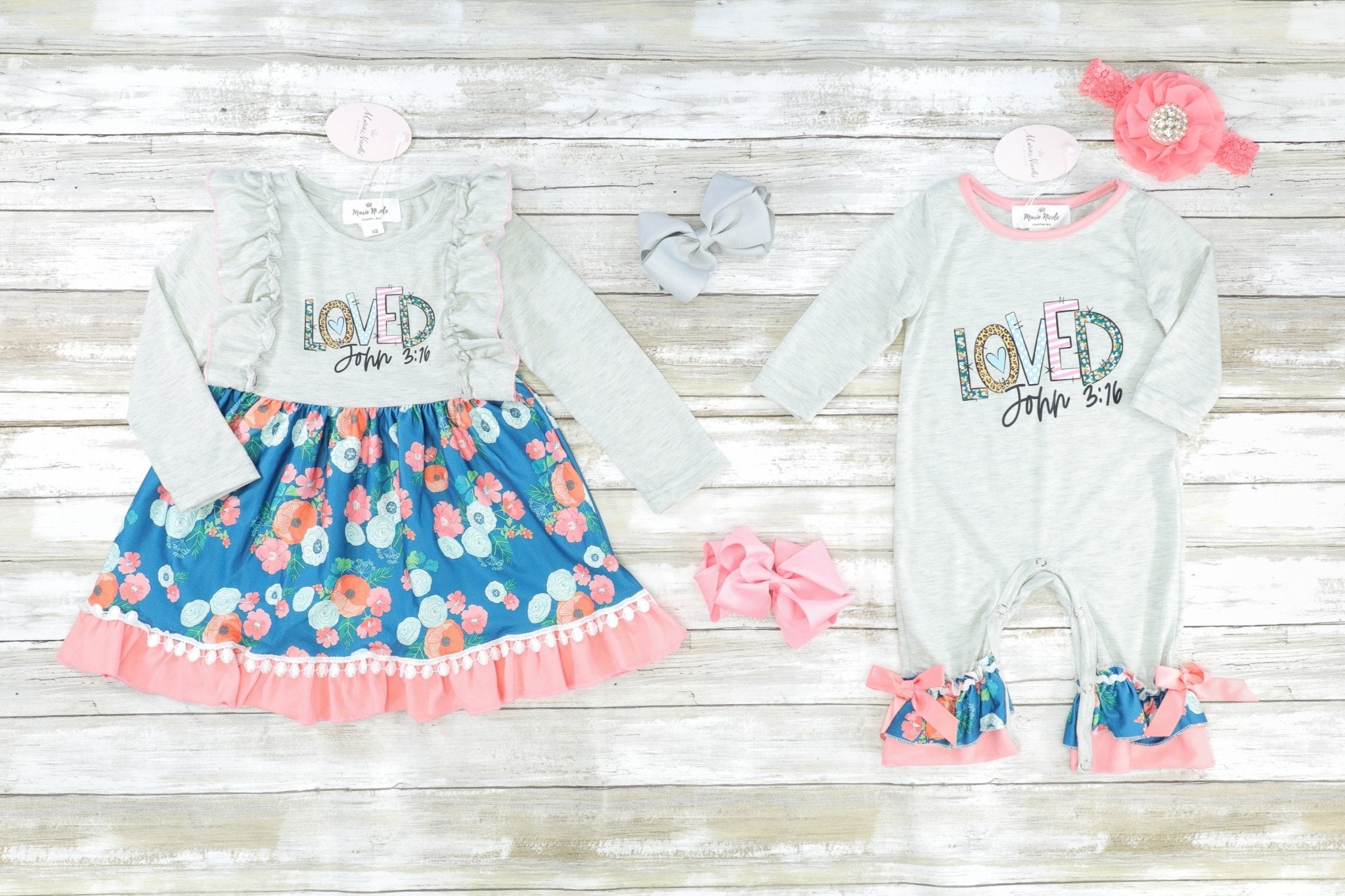"Loved" Pink & Navy Floral Ruffle Pom Pom Dress - Marie Nicole Clothing