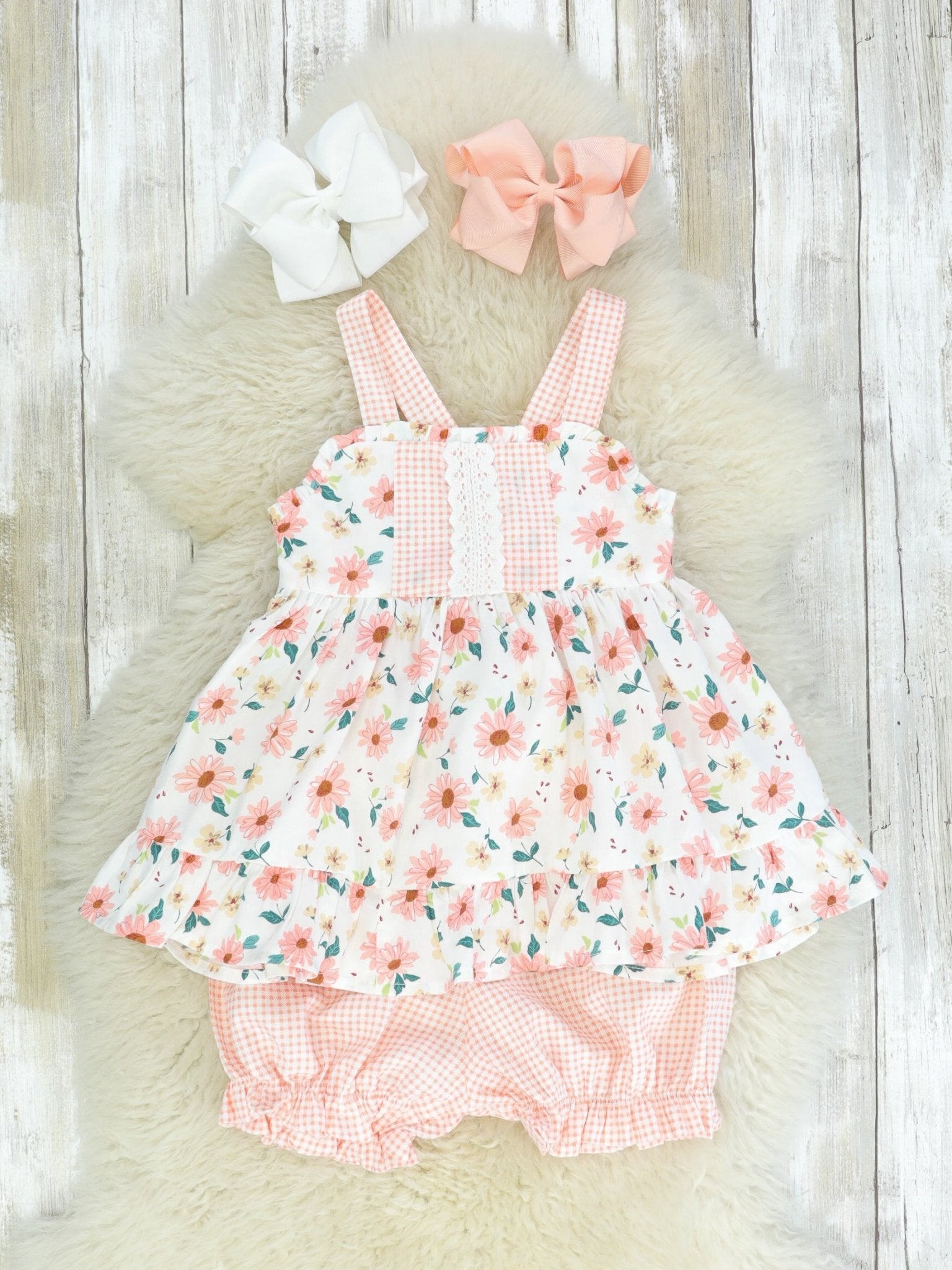 Pink Zinnia & Checked Open - Back Ruffle Bow Outfit - Marie Nicole Clothing