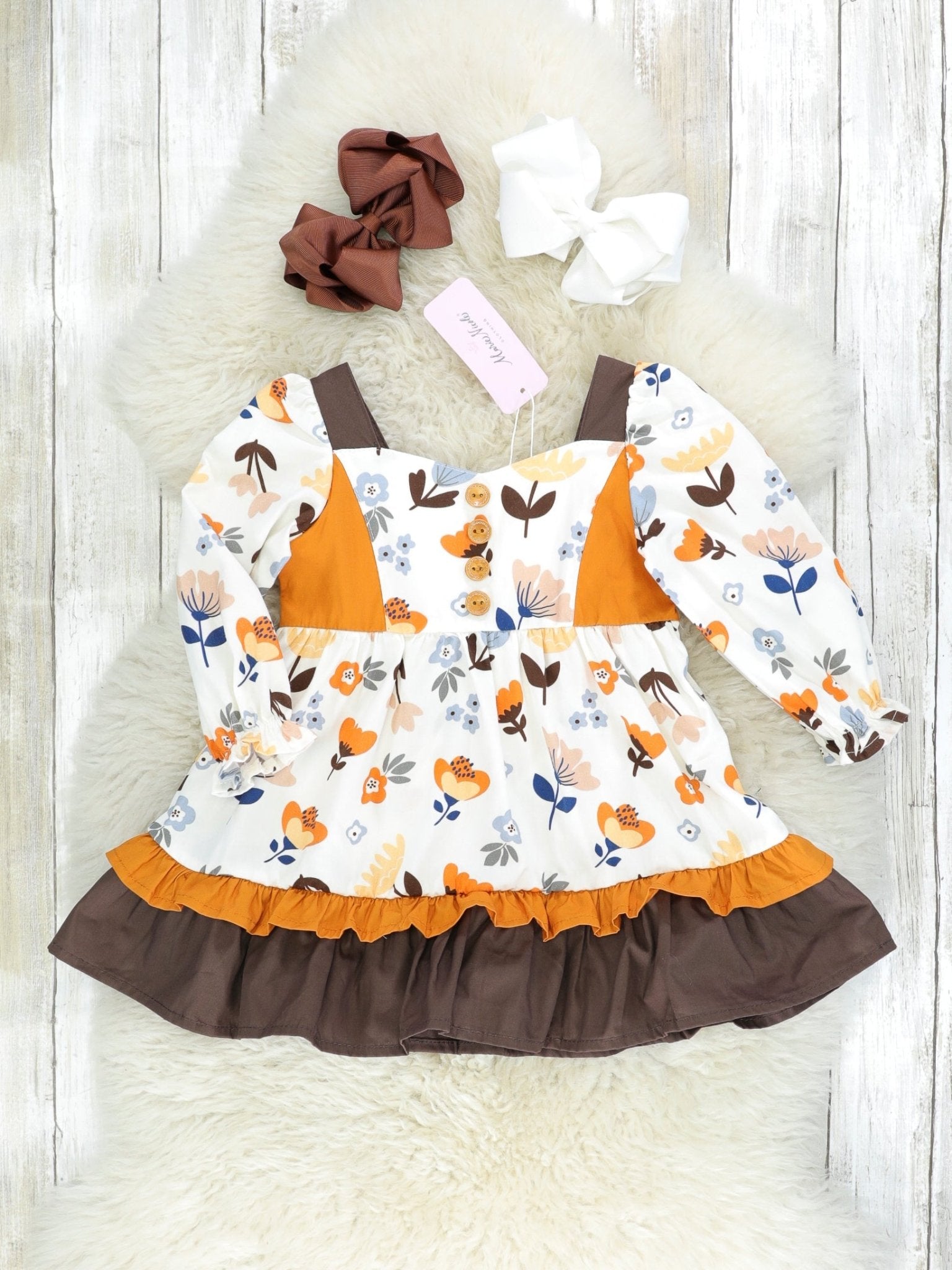 Orange & Brown Fall Floral Tiered Ruffle Dress - Marie Nicole Clothing