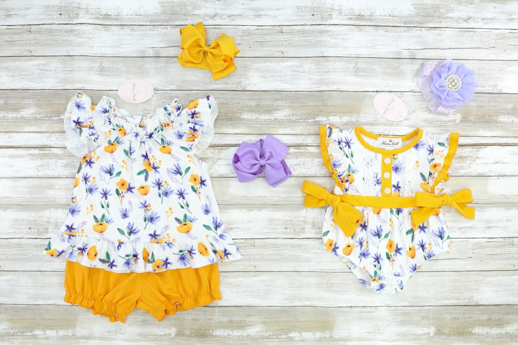 Mustard & Purple Floral Ruffle Top & Shorts Outfit - Marie Nicole Clothing