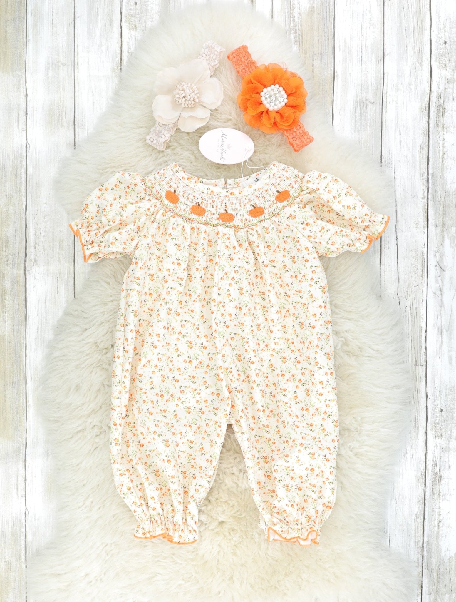 Orange Smocked Pumpkin Floral Romper - Marie Nicole Clothing