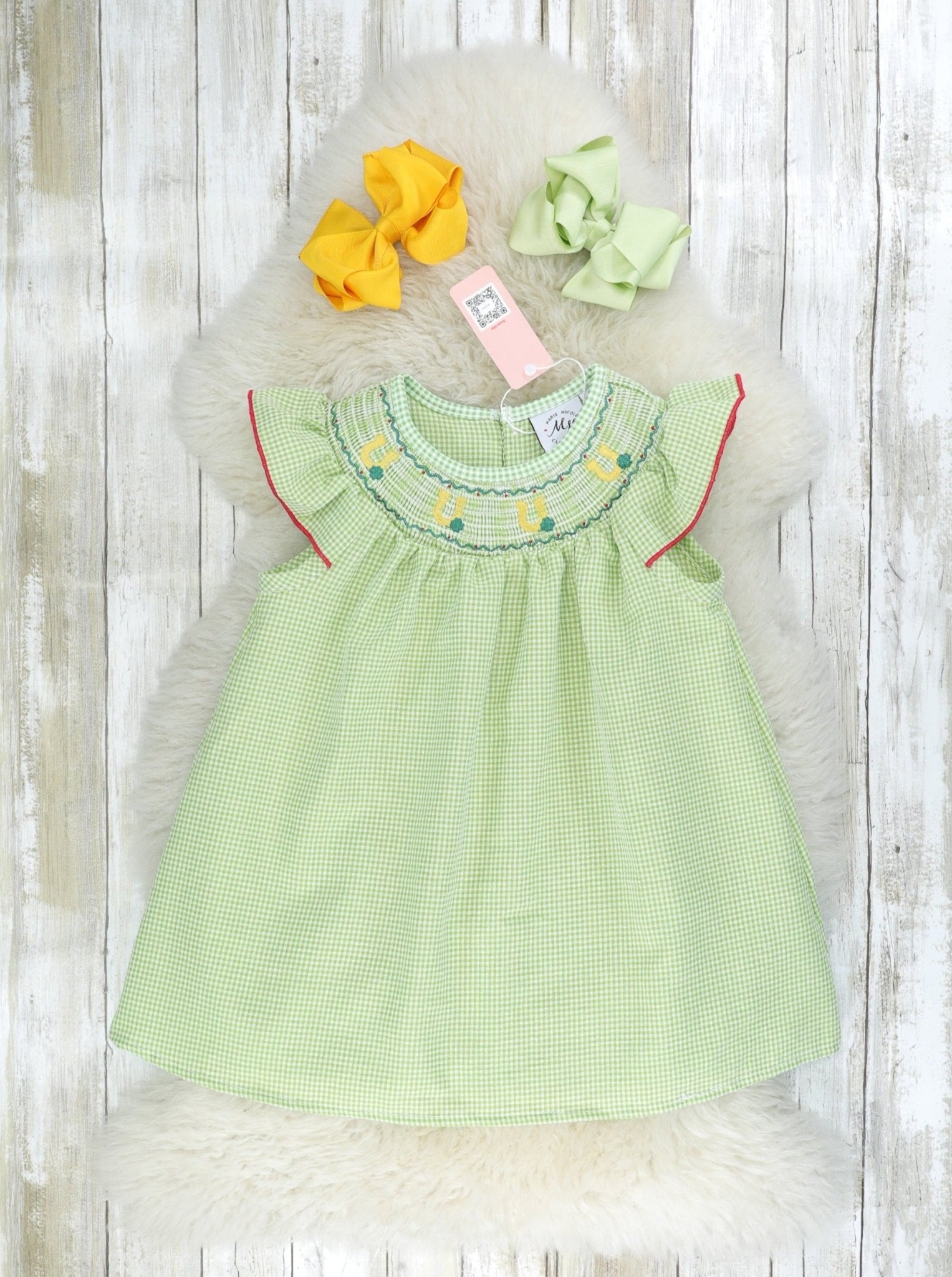 Green Smocked Horse Shoe Ruffle Dress - Marie Nicole Clothing
