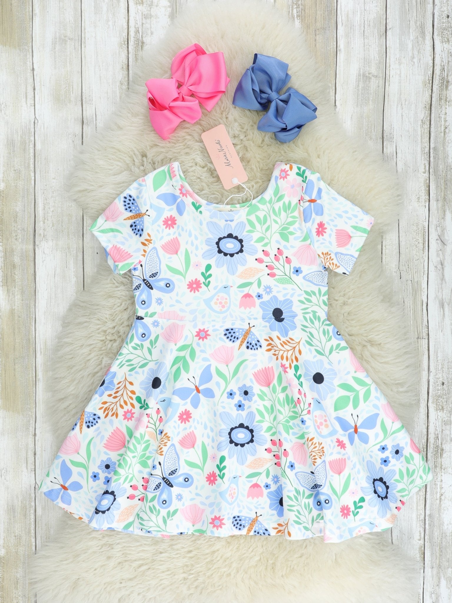 Blue Floral Butterfly Swing Dress - Marie Nicole Clothing