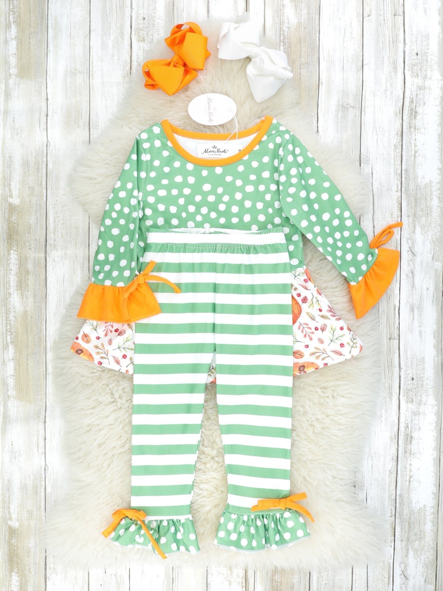Green Floral Pumpkin Top & Striped Ruffle Bottoms Outfit - Marie Nicole Clothing