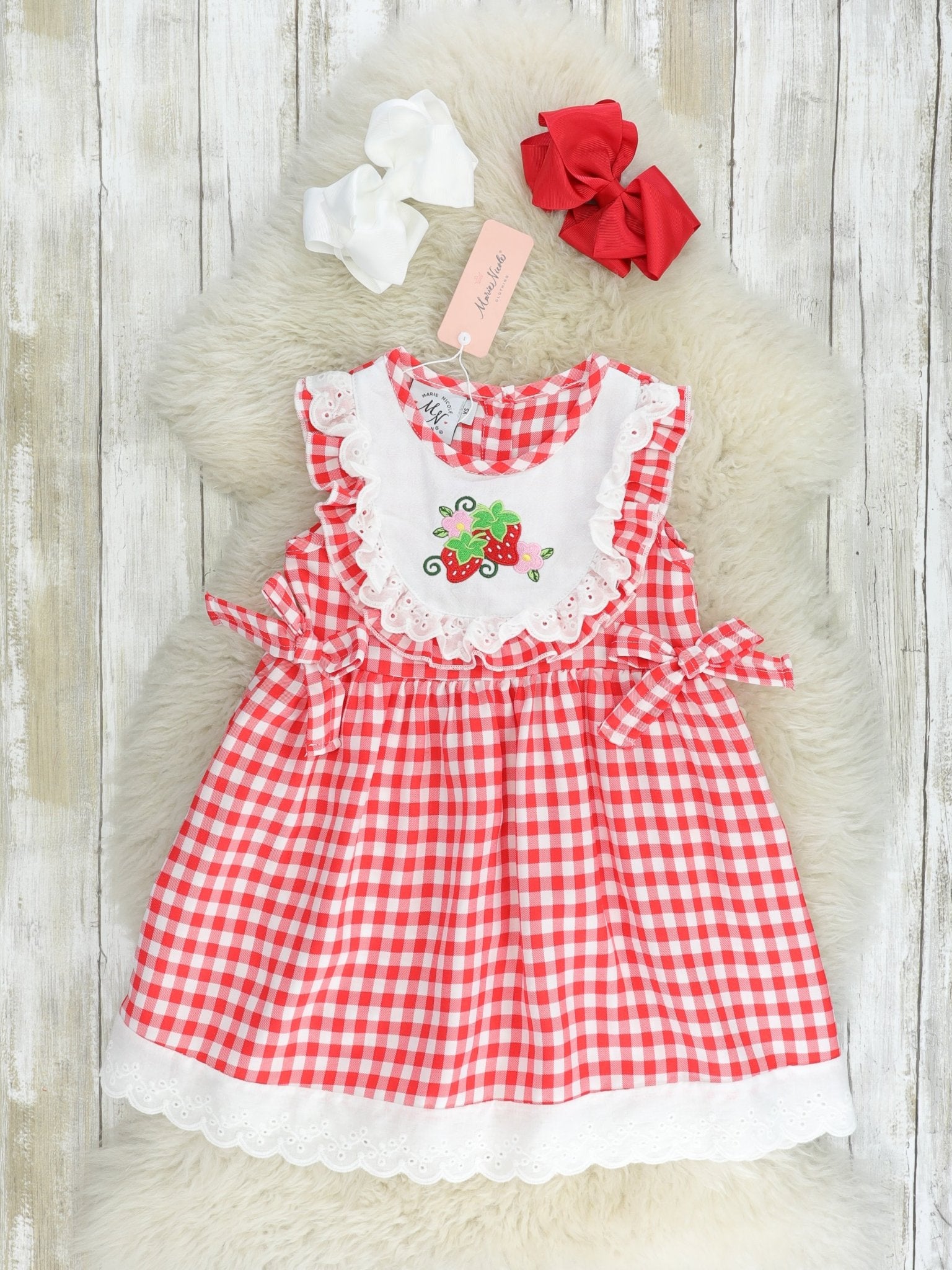 Red Gingham Strawberry Bib Collar Dress - Marie Nicole Clothing