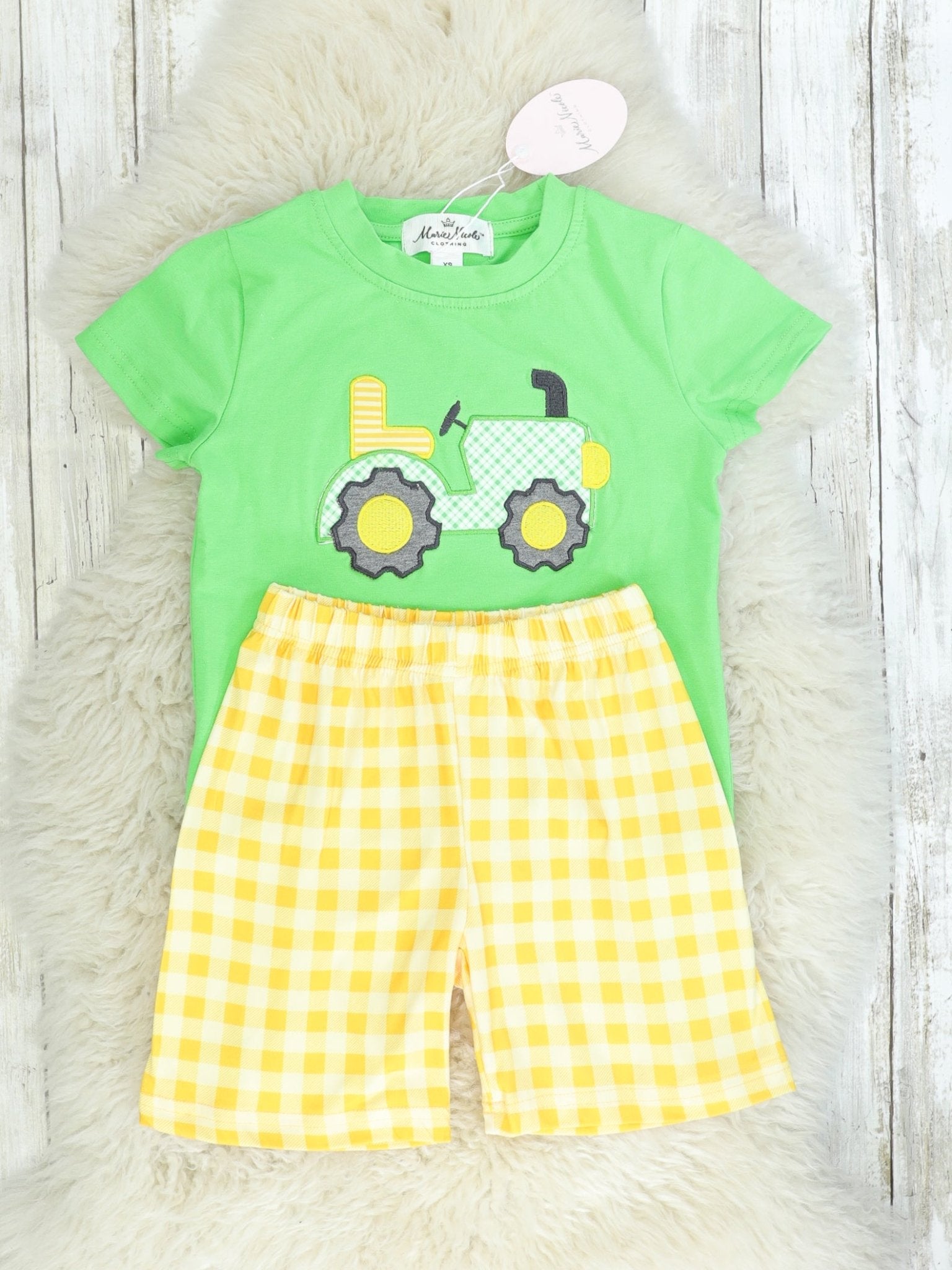 Yellow Check & Green Tractor Top Shorts Outfit - Marie Nicole Clothing