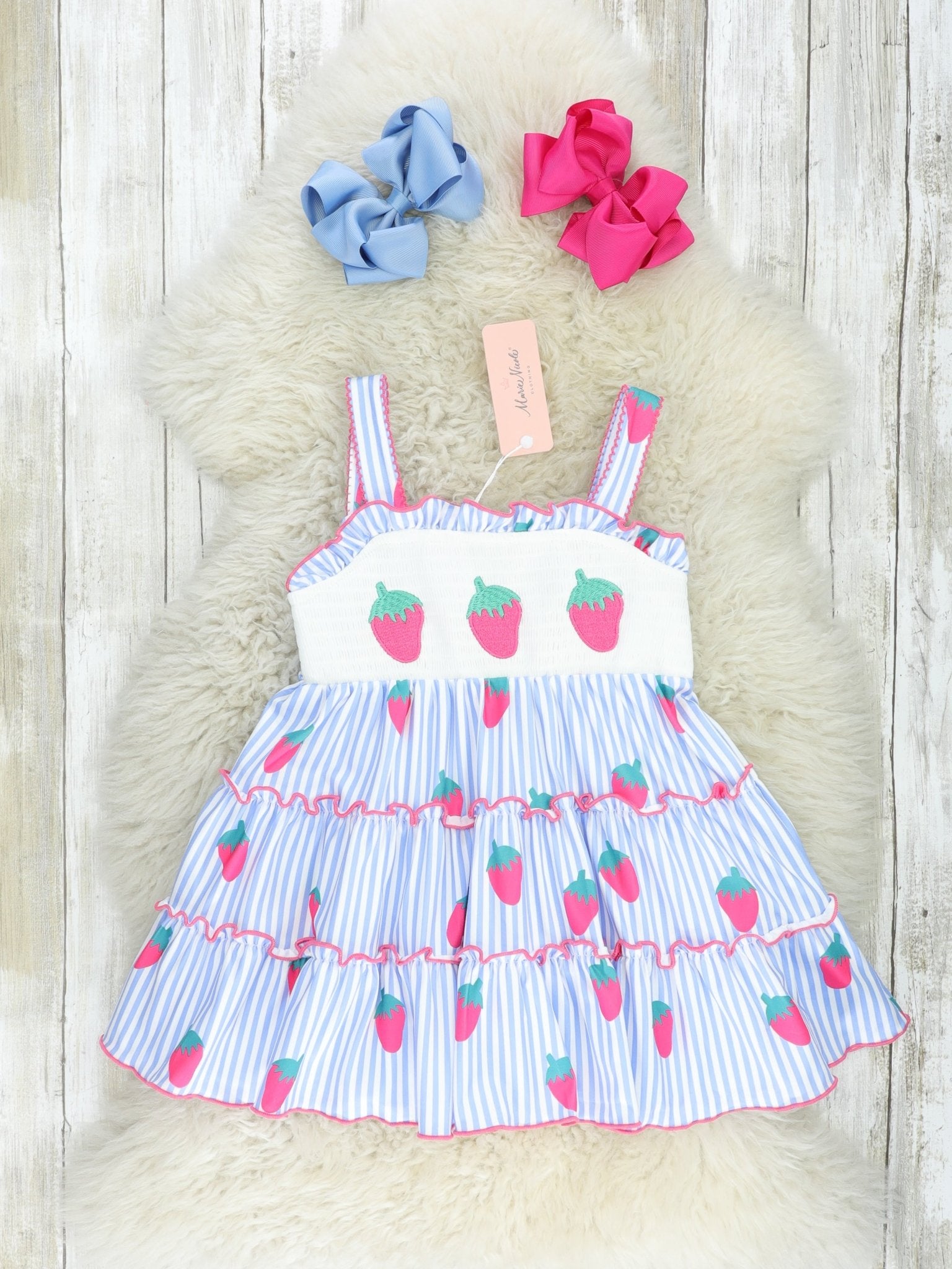 Pinstriped Strawberry Smocked Dress - Marie Nicole Clothing