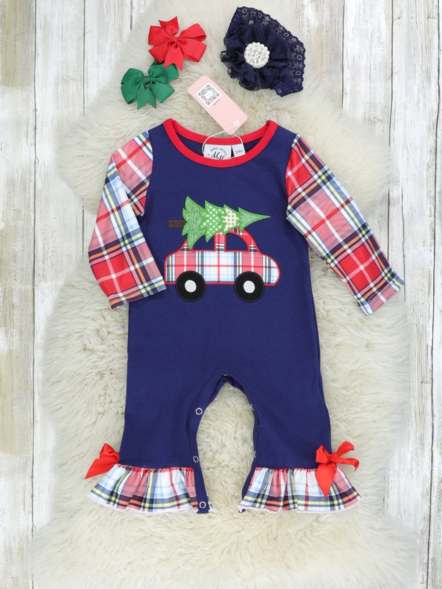 Navy Christmas Tree Truck Plaid Ruffle Romper - Marie Nicole Clothing