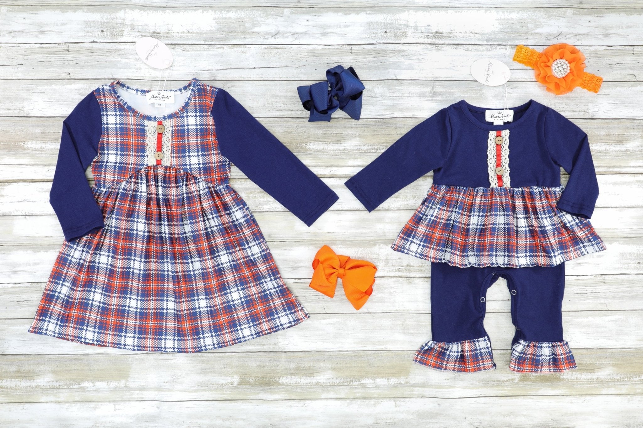Navy & Orange Plaid Romper - Marie Nicole Clothing