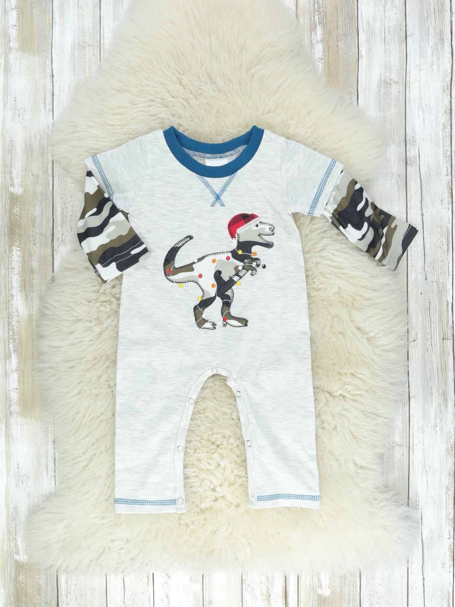 Camo Christmas Dinosaur Layered Romper - Marie Nicole Clothing