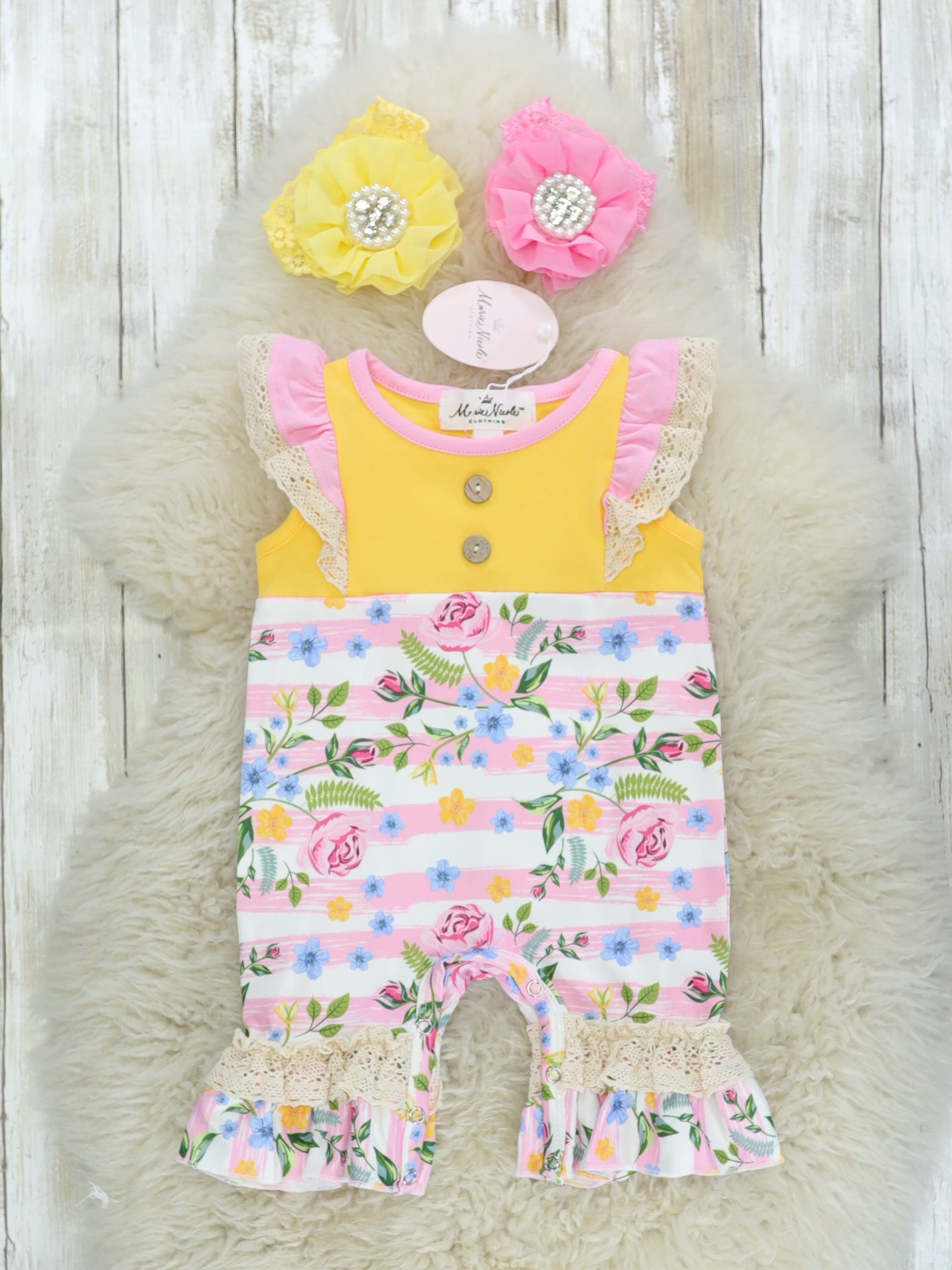Yellow & Pink Ruffle Romper - Marie Nicole Clothing