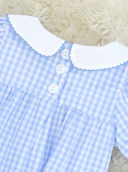 Blue Gingham Christmas Tree Bib Collar Romper - Marie Nicole Clothing