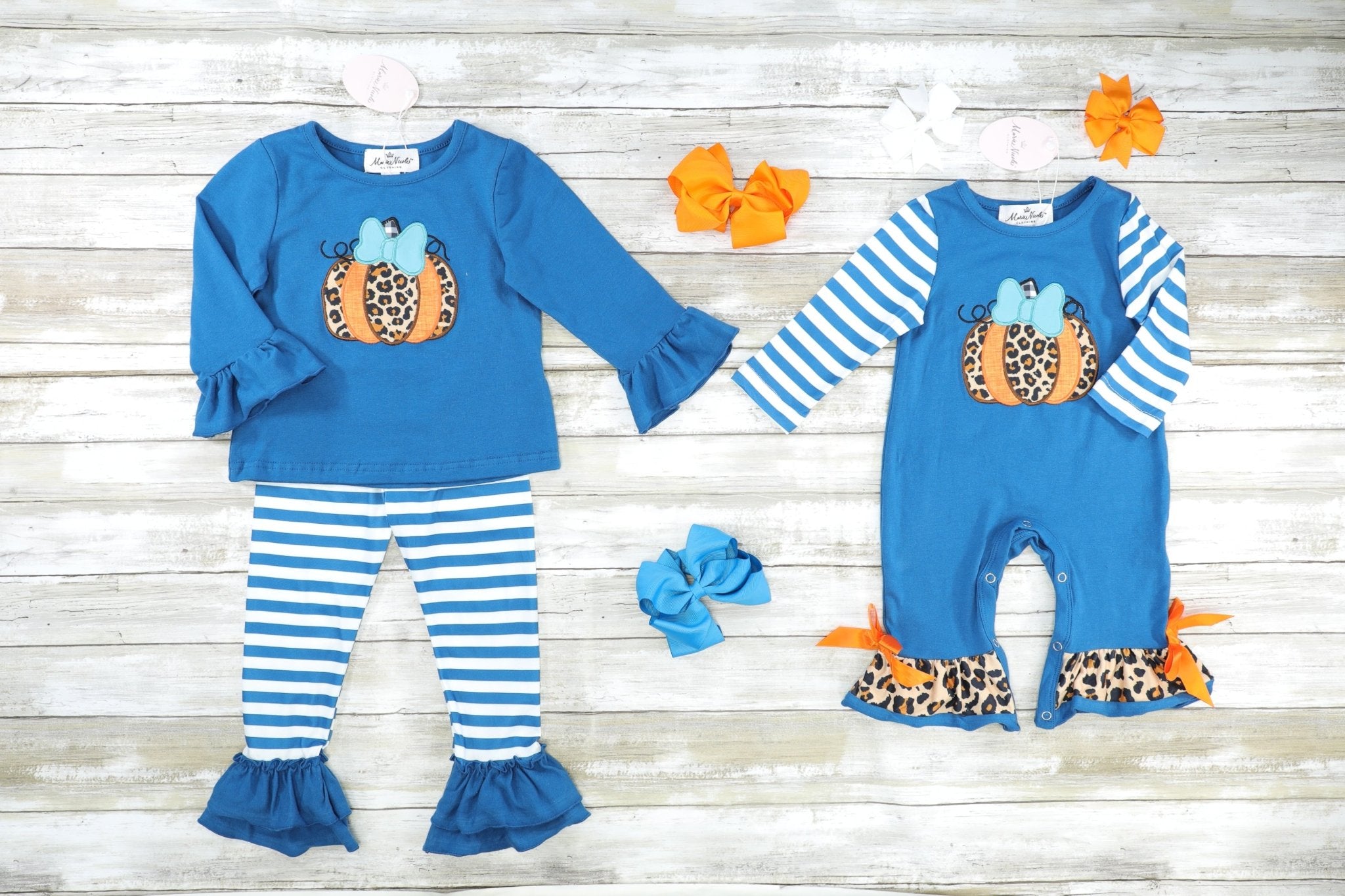 Teal Leopard Pumpkin Ruffle Romper - Marie Nicole Clothing