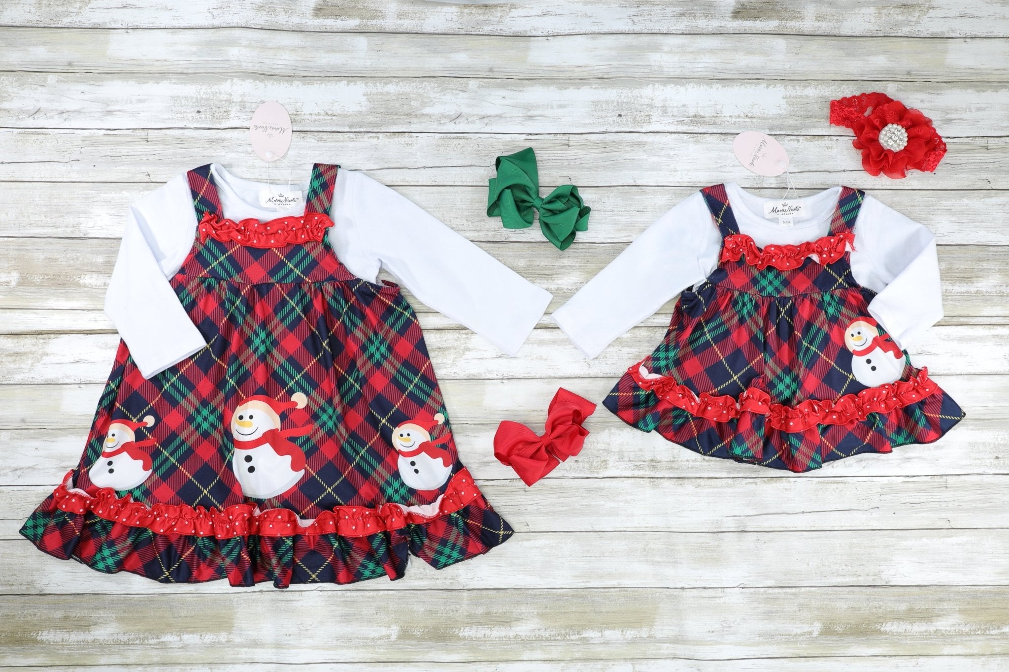 Plaid Snowman Ruffle Romper W/ White Top - Marie Nicole Clothing