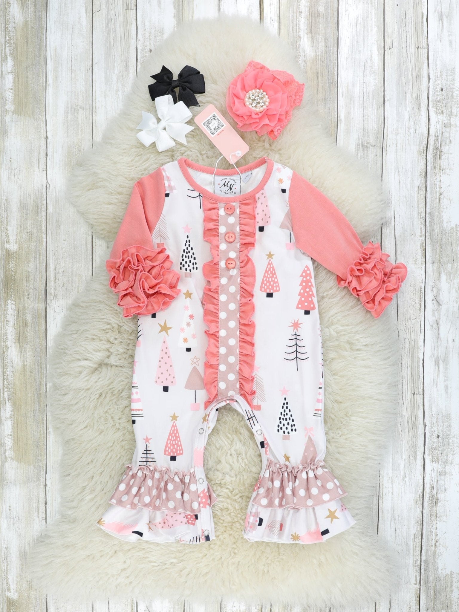 Peach Christmas Tree Ruffle Romper - Marie Nicole Clothing