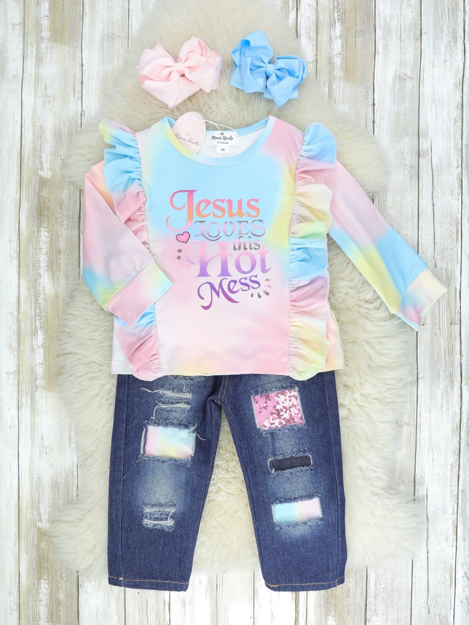 Jesus Loves This Hot Mess Pastel Tie Dye Distressed Denim Outfit - Marie Nicole Clothing